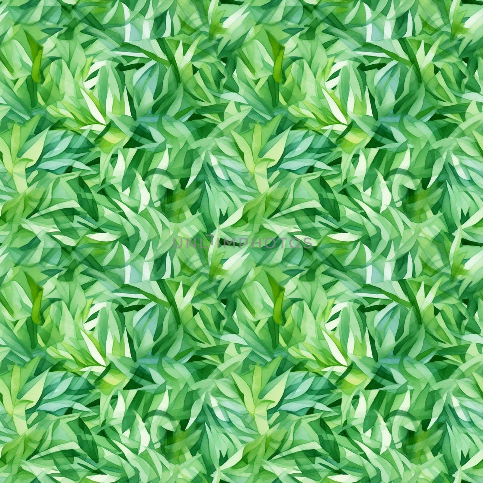 Seamless pattern: watercolor grass green lawn. Repeating leaf pattern. Realistic drawing. AI