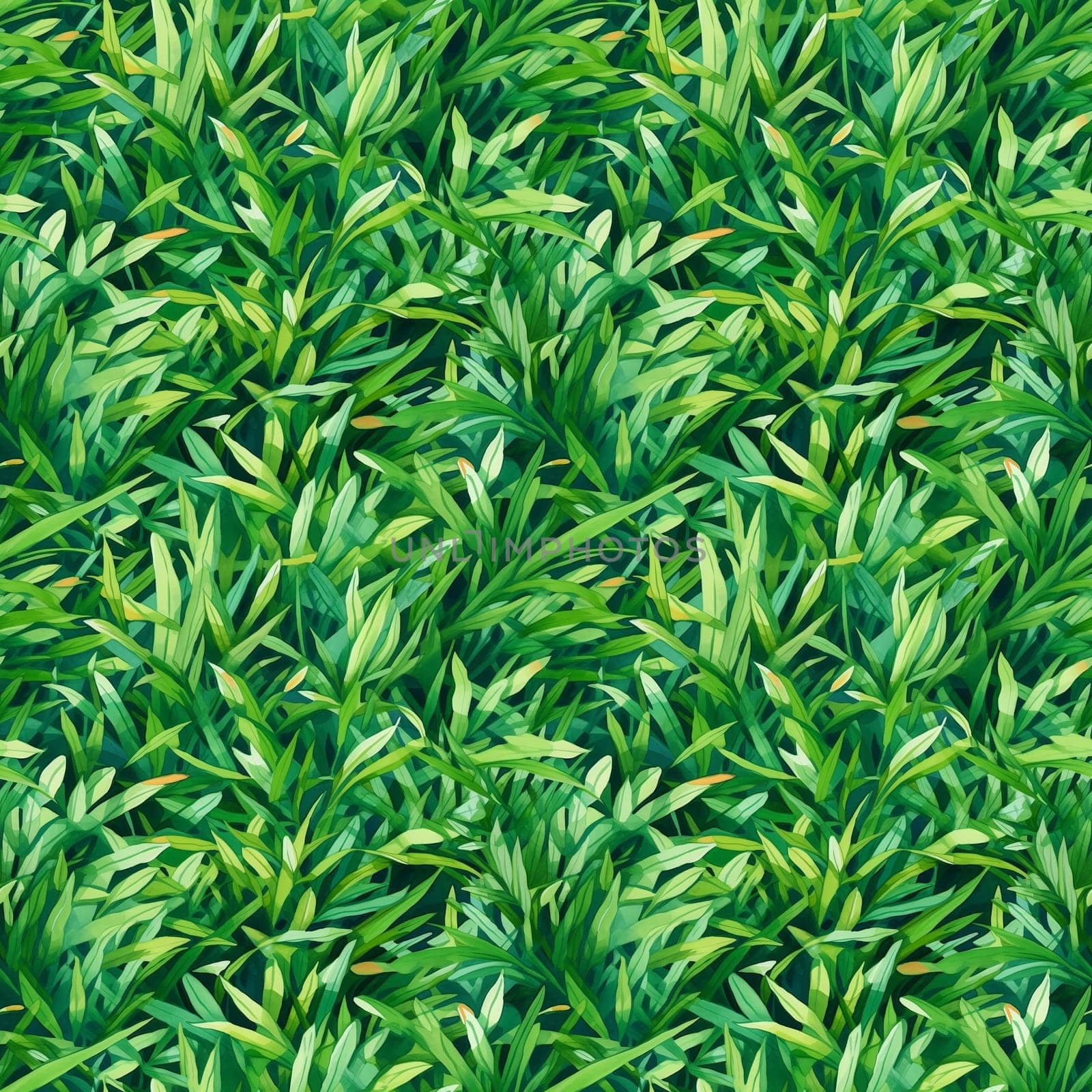 Seamless pattern: watercolor grass, green lawn. Repeating leaf pattern. Realistic drawing. generative ai by maclura