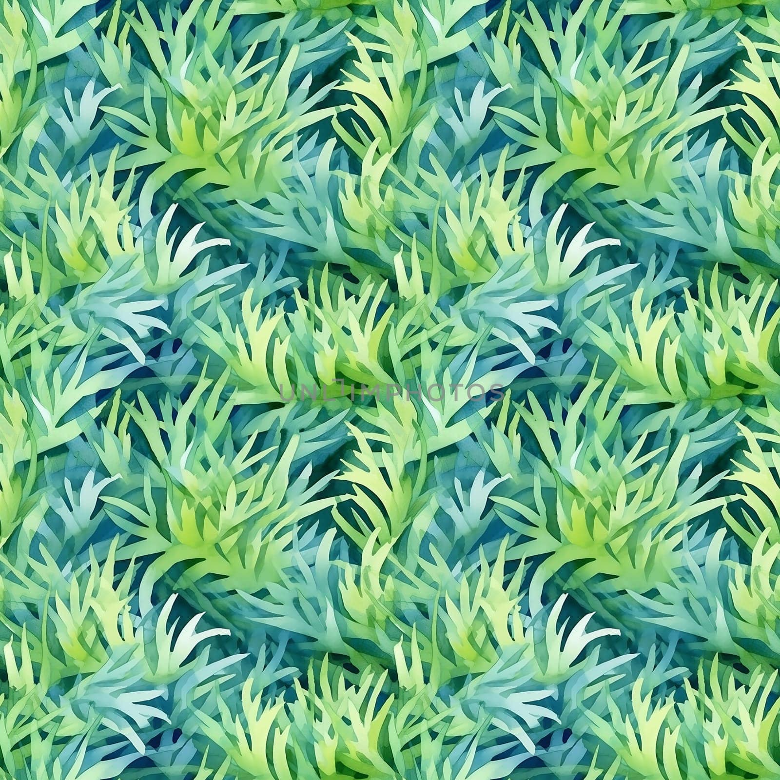 Seamless pattern: watercolor grass, green lawn. Repeating leaf pattern. Realistic drawing. generative ai by maclura