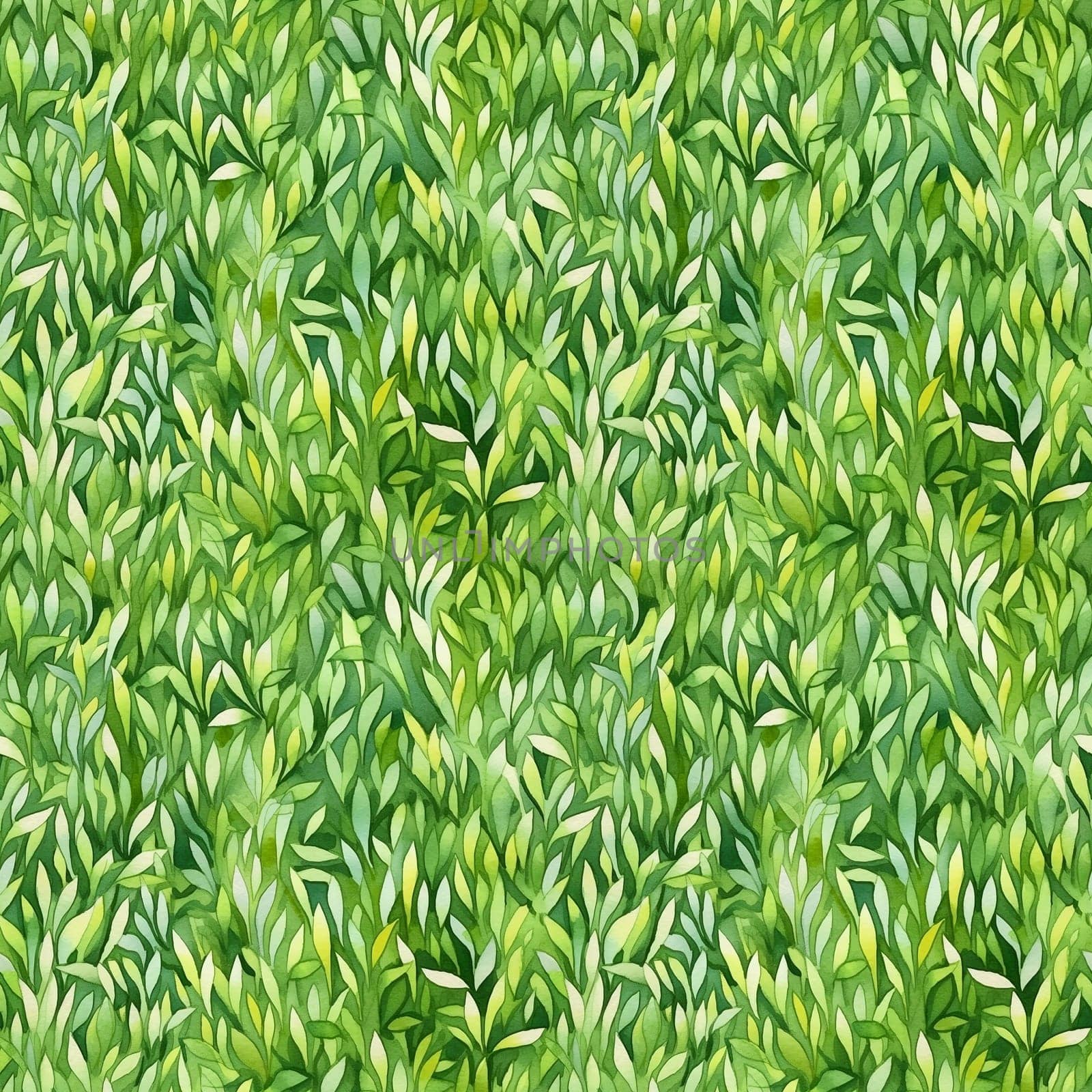 Seamless pattern: watercolor grass, green lawn. Repeating leaf pattern. Realistic drawing. generative ai by maclura