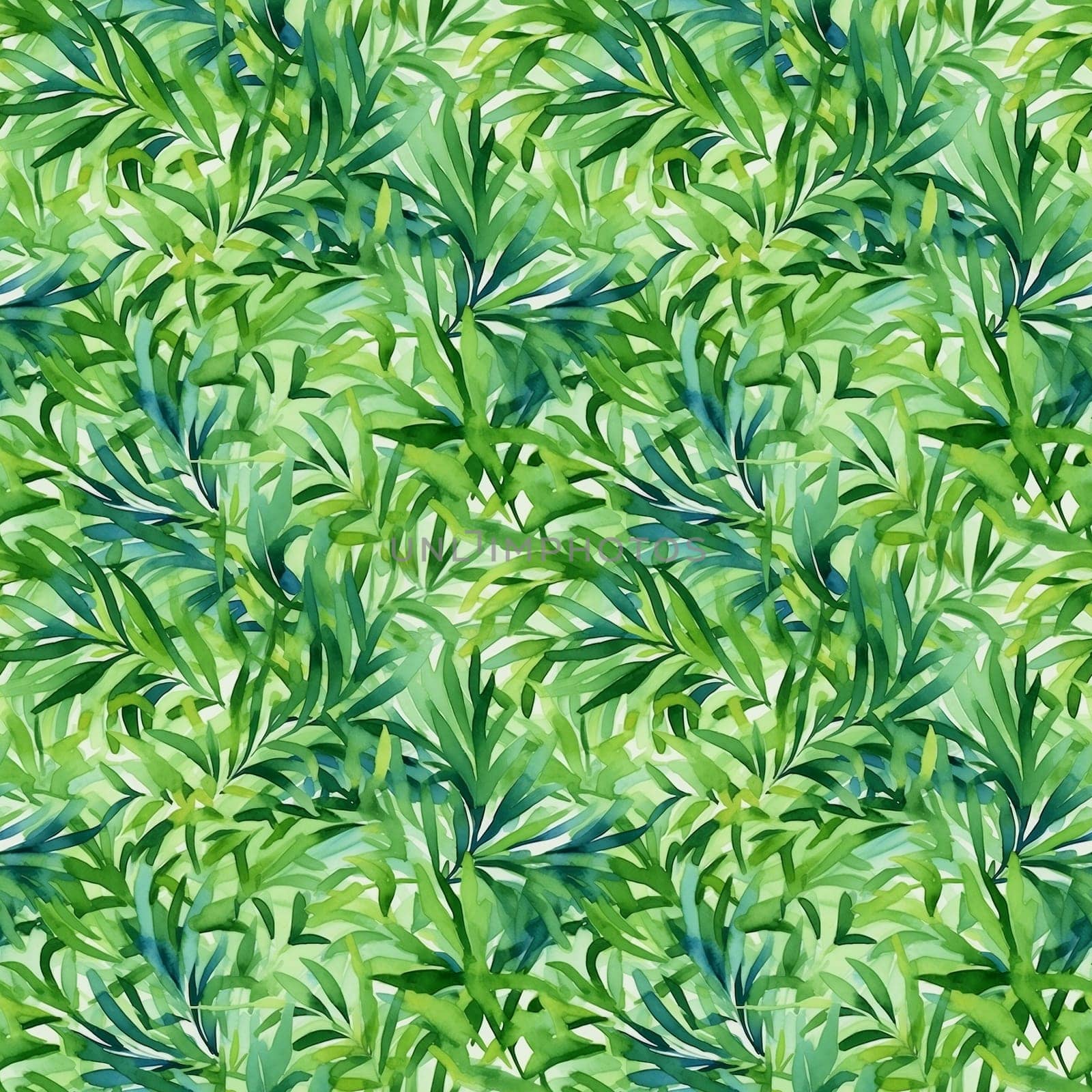 Seamless pattern: watercolor grass, green lawn. Repeating leaf pattern. Realistic drawing. generative ai by maclura