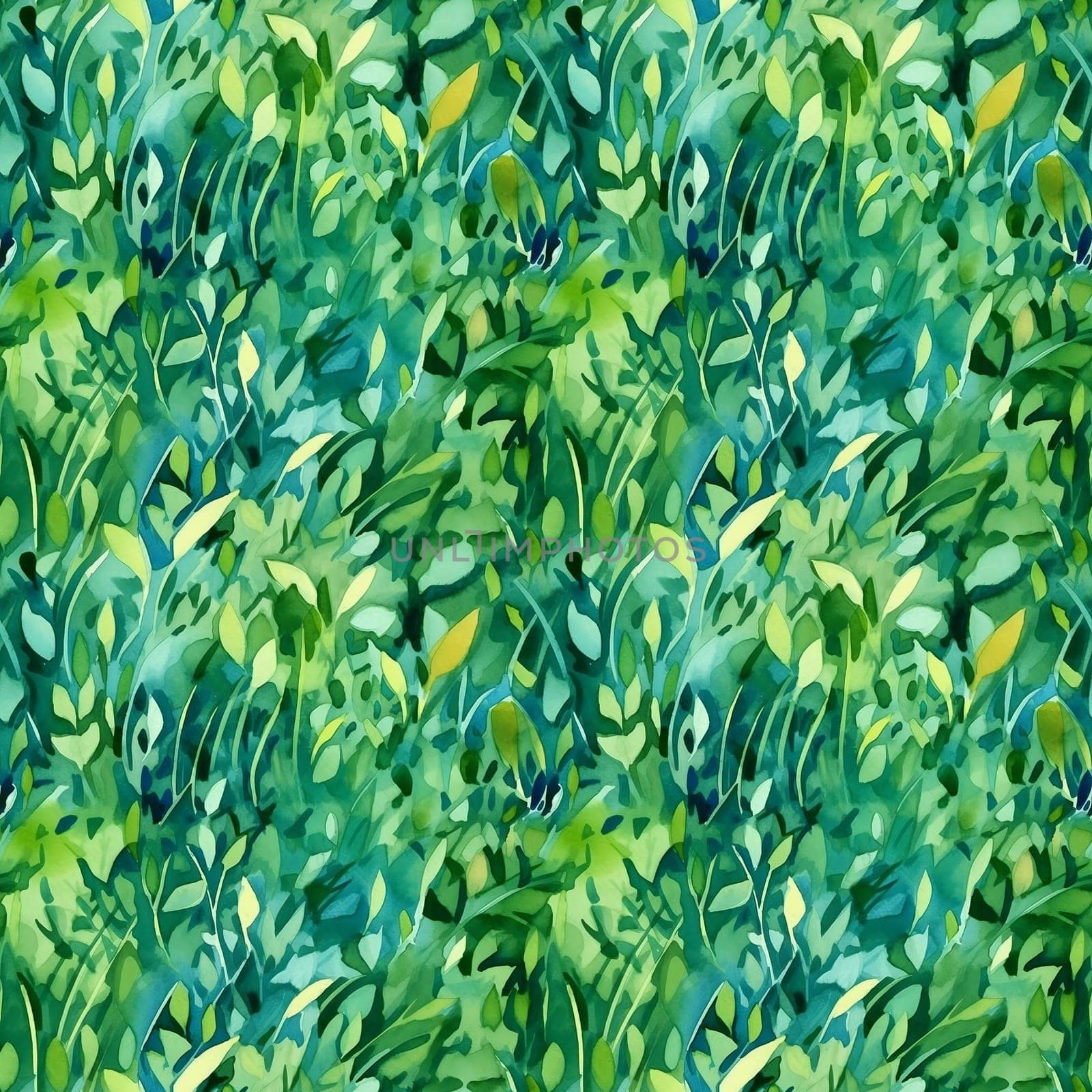 Seamless pattern: watercolor grass green lawn. Repeating leaf pattern. Realistic drawing. AI