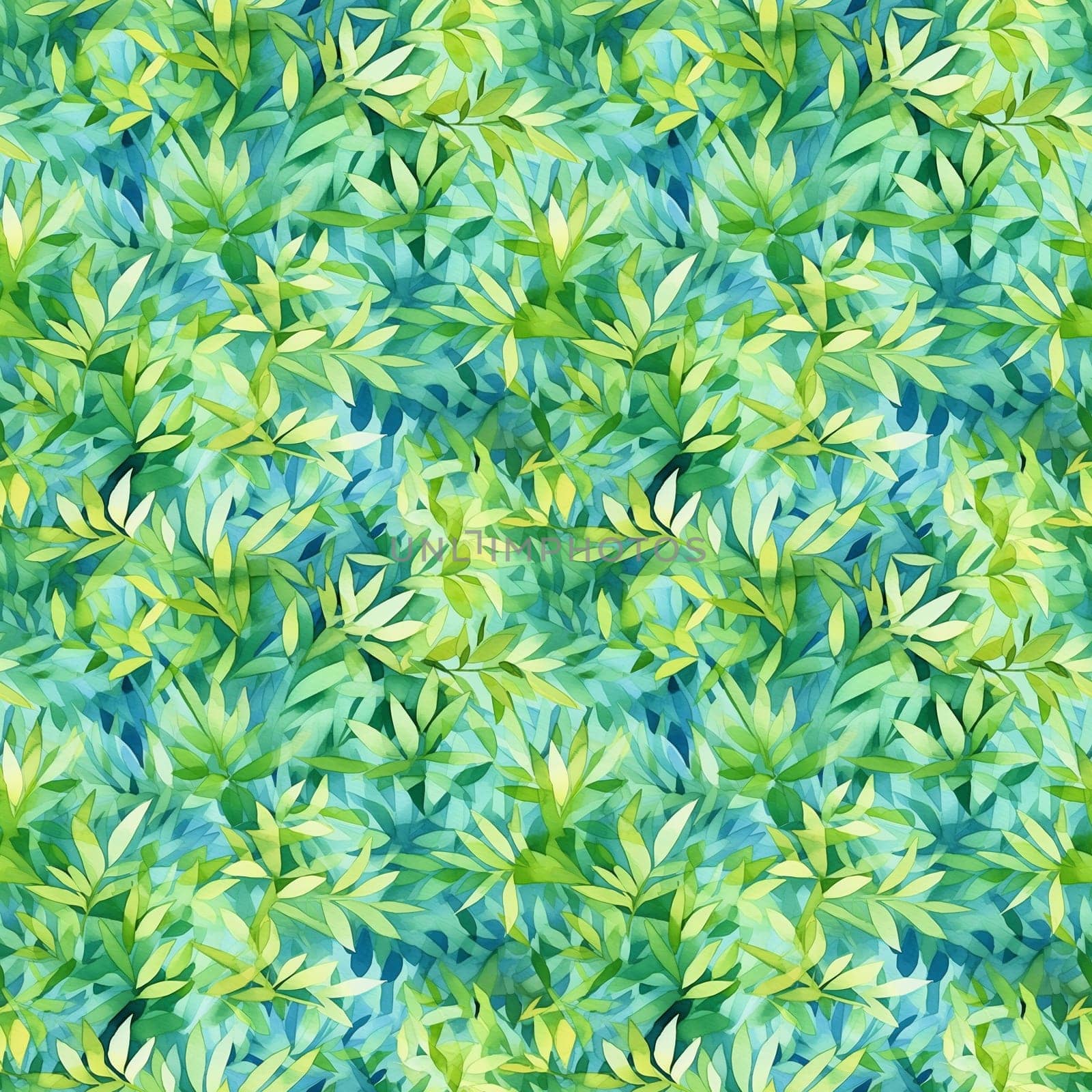 Seamless pattern: watercolor grass green lawn. Repeating leaf pattern. Realistic drawing. AI