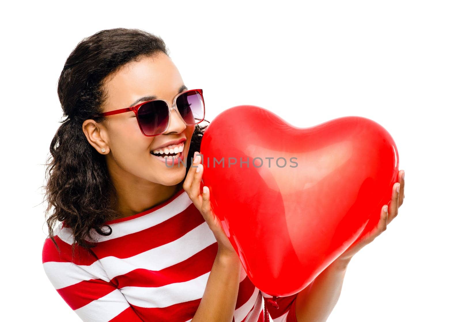 Woman, fun or balloon heart on isolated white background for valentines day, romance or love. Smile, happy or model face with inflatable romantic toy, trendy sunglasses or fashion clothes on mock up.