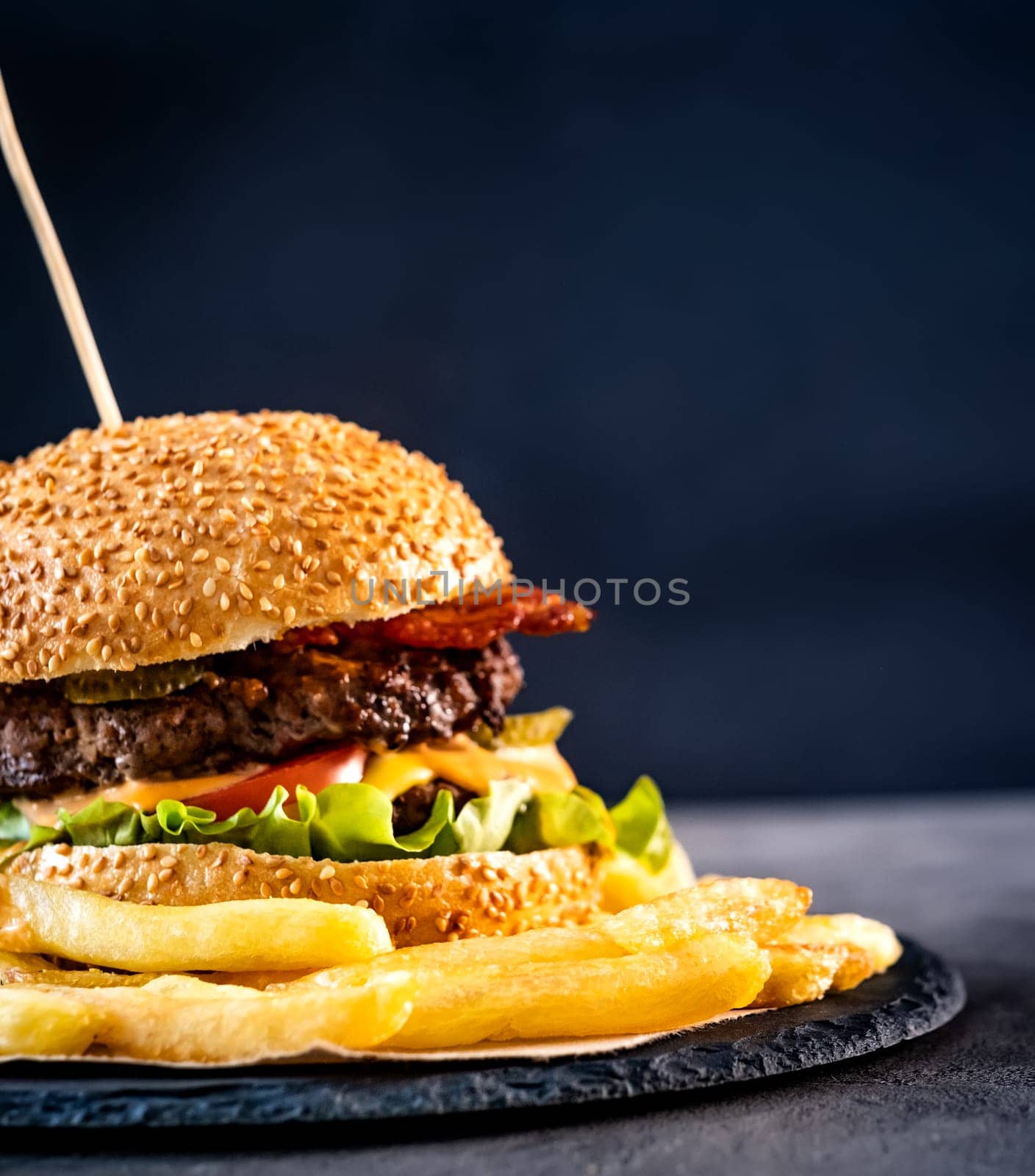 Juicy burger on stone plate with french fries