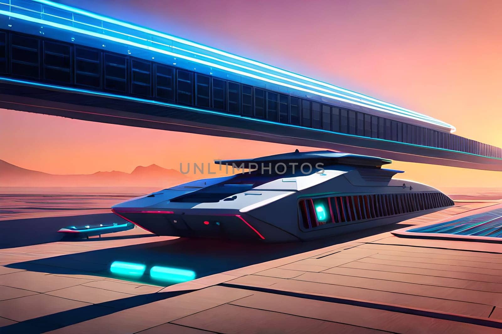 A futuristic scene with a spaceship in the distance and a planet in the background. flying passenger train. Future concept Generative AI