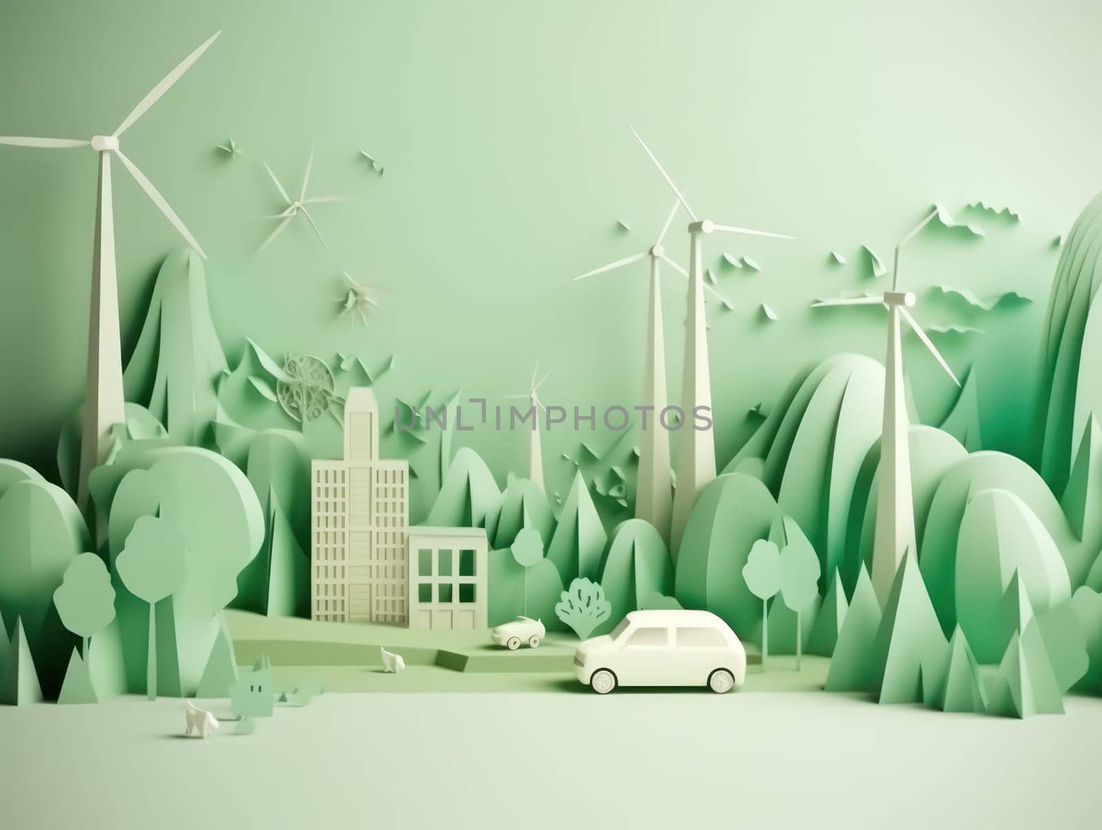 Green energy and environment paper cut. Generative AI.