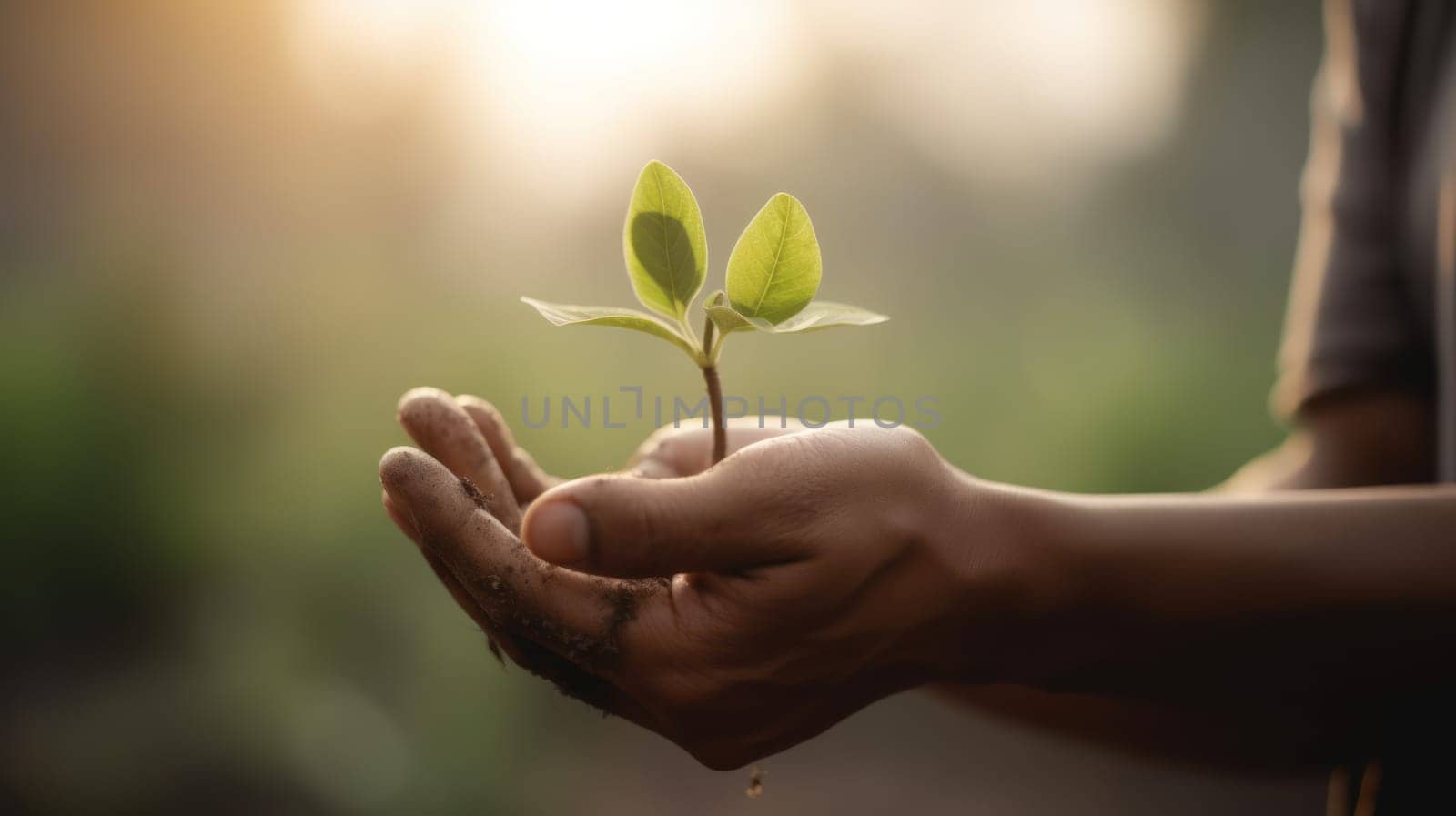 Close Up Plant in male Hands. Care of the Environment. Ecology concept. Generative AI.