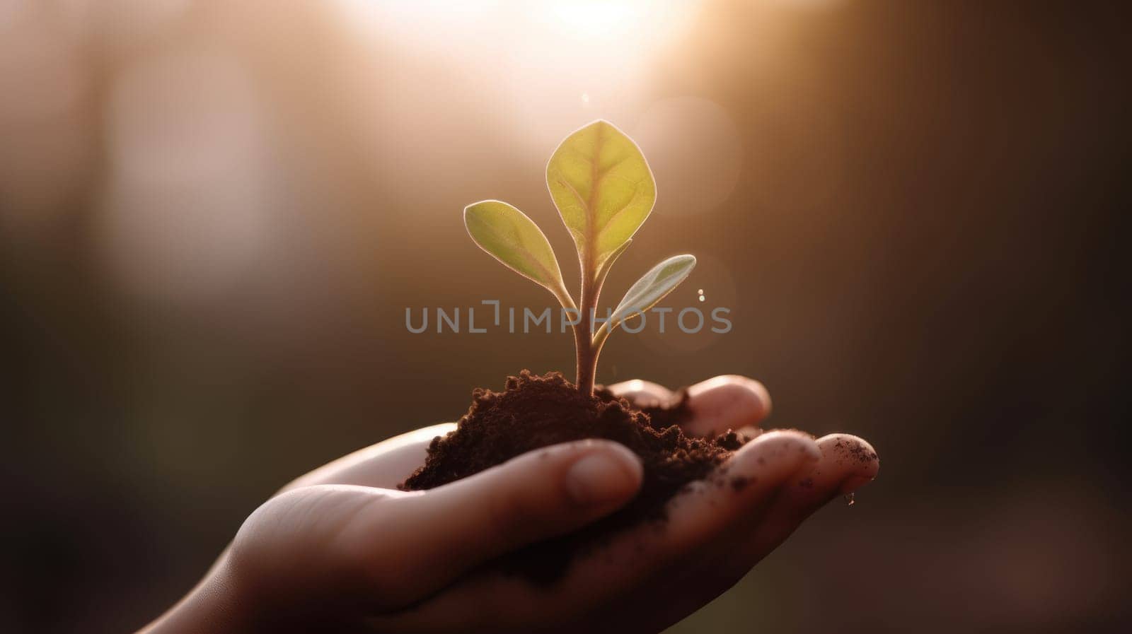 Close Up Plant in male Hands. Care of the Environment. Ecology concept. Generative AI.