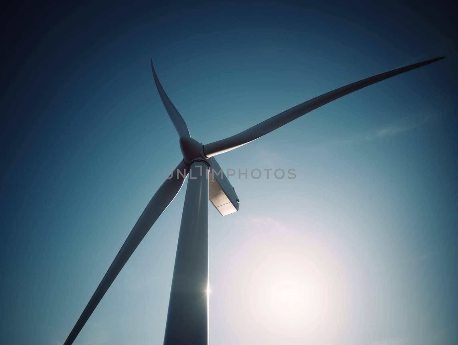 Wind turbines generating electricity with blue sky, energy conservation concept. Generative AI.