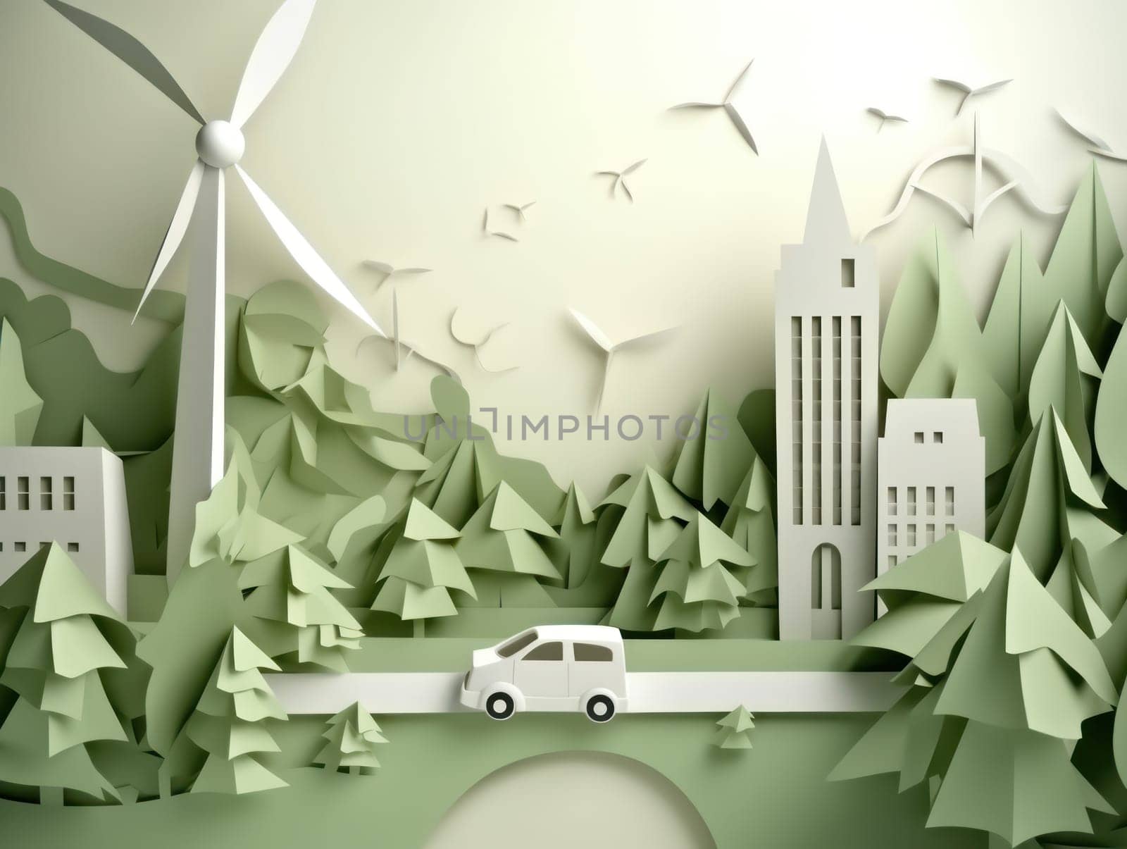 Green energy and environment paper cut. Generative AI.