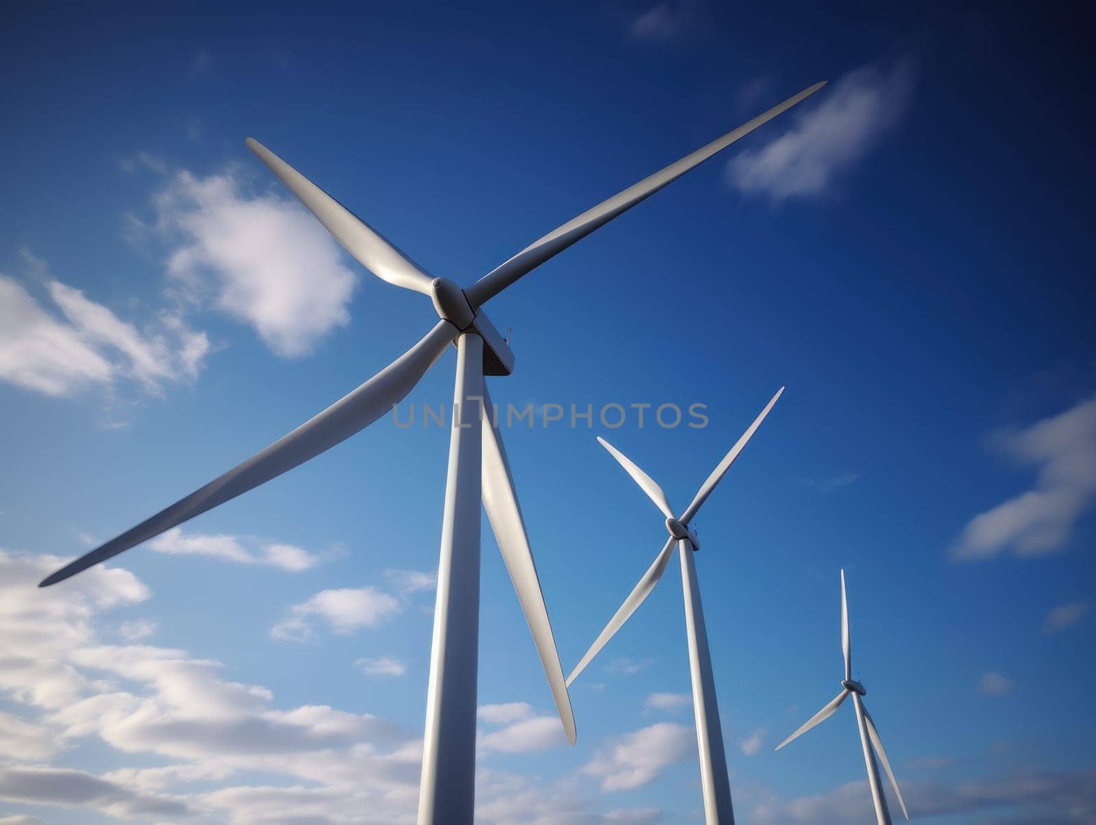 Wind turbines generating electricity with blue sky, energy conservation concept. Generative AI.