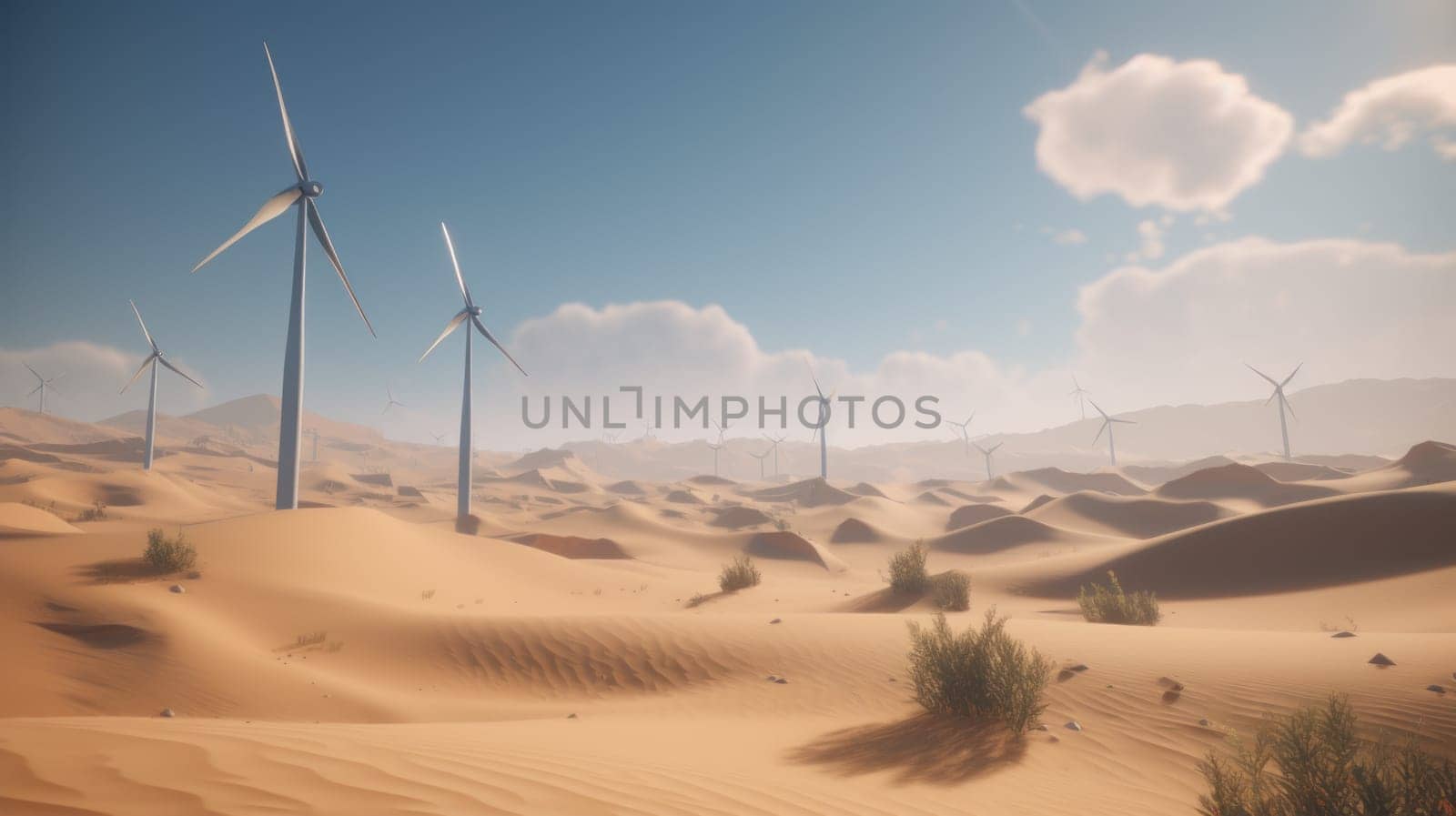 Wind turbines in the desert, renewable energy concept. Generative AI.