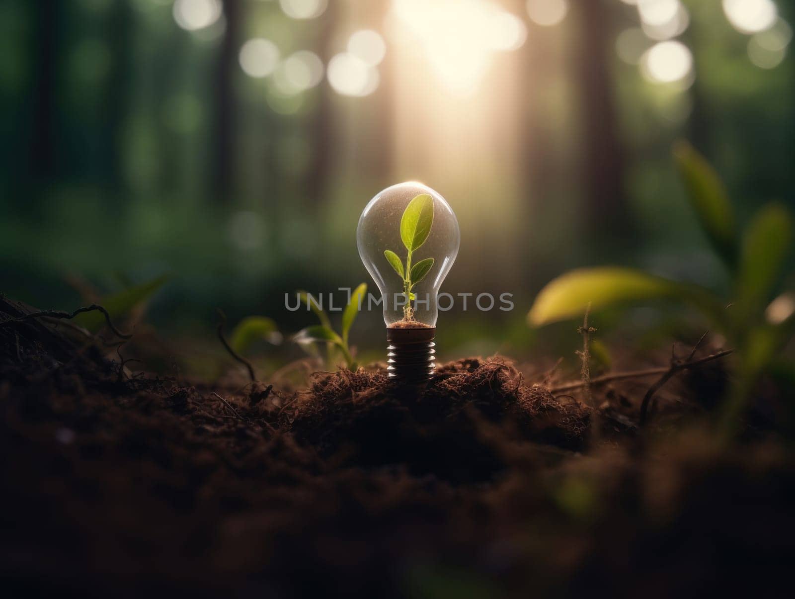 Tree growing on light bulb with sunshine in nature. saving energy and eco concept. Generative AI.