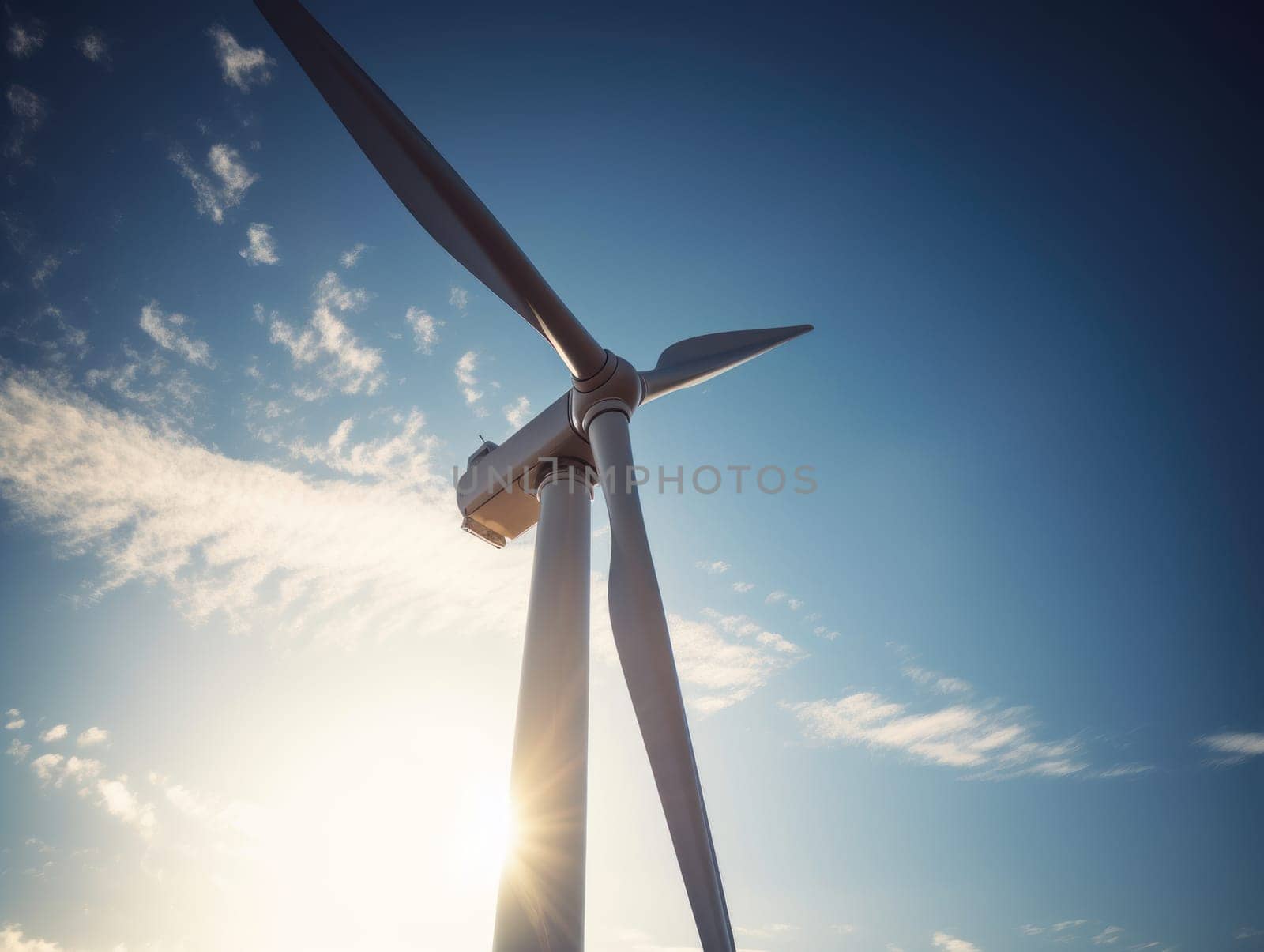 Wind turbines generating electricity with blue sky, energy conservation concept. Generative AI.