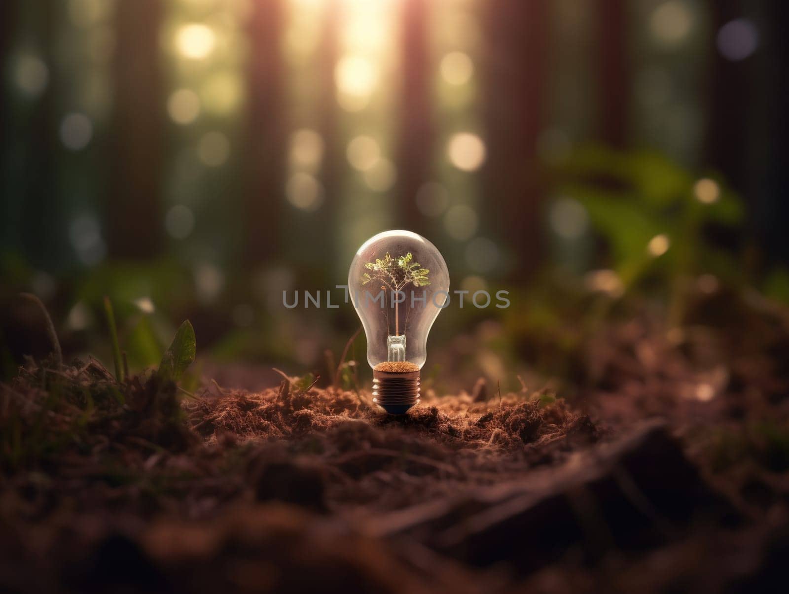 Tree growing on light bulb with sunshine in nature. saving energy and eco concept. Generative AI.