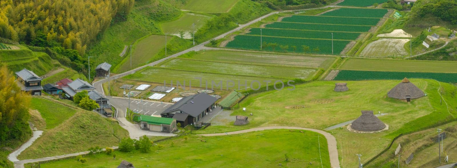 Traditional Japanese houses and thatched roof huts by green fields. High quality photo