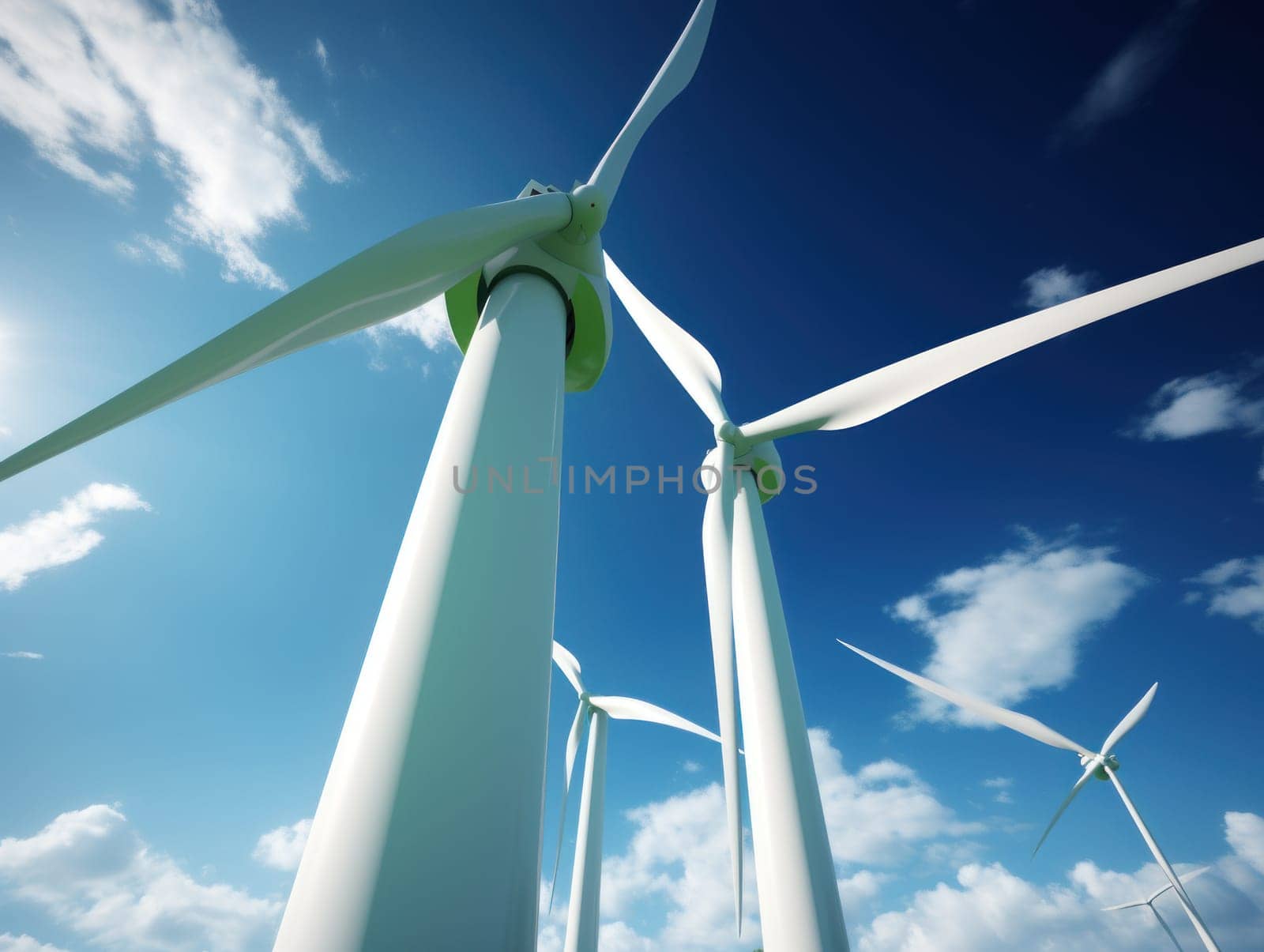 Wind turbines generating electricity with blue sky, energy conservation concept. Generative AI.