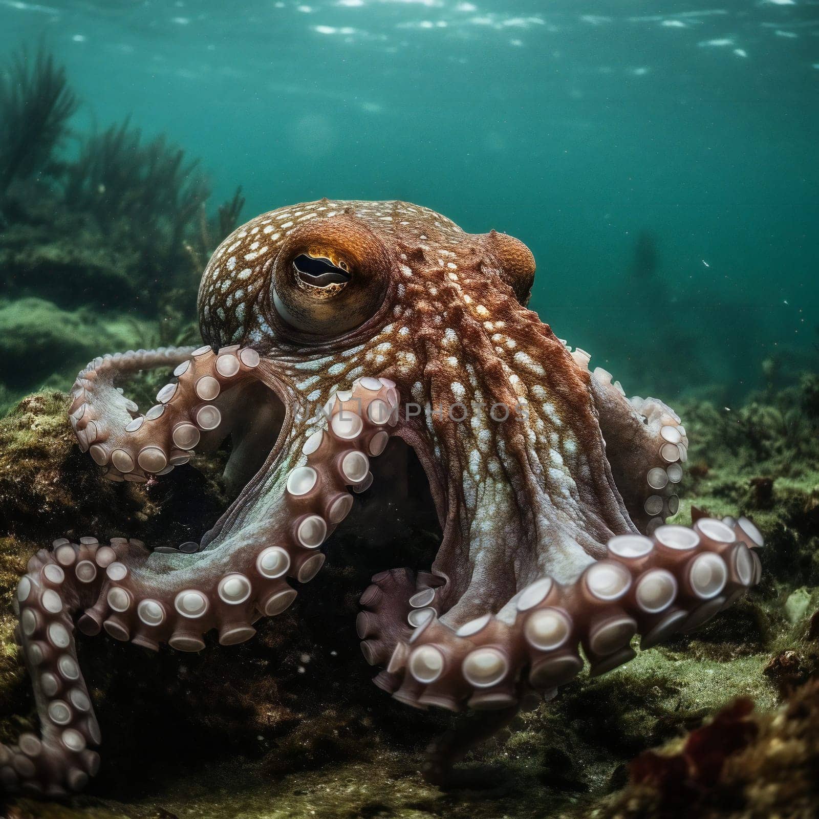 Reef Octopus (Octopus cyaneus) also known as Big Red Octopus. generative ai by juliet_summertime