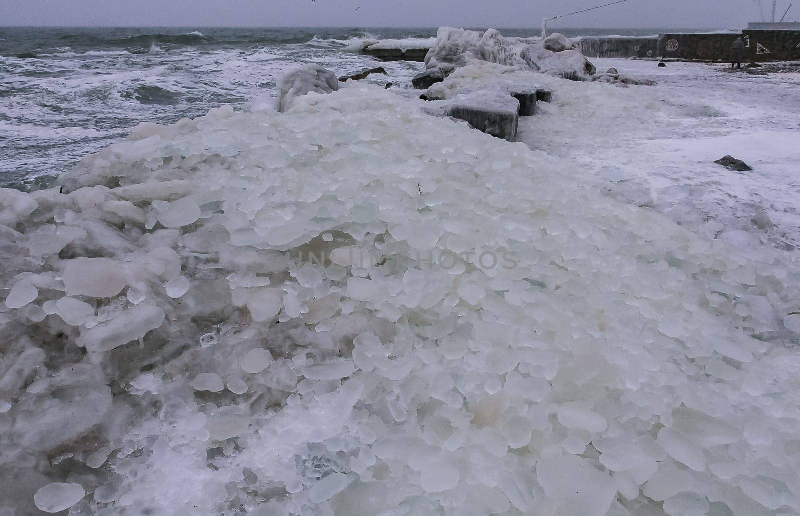 The Black Sea is frozen, the circular ice rolled by the waves is thrown ashore and frozen by Hydrobiolog