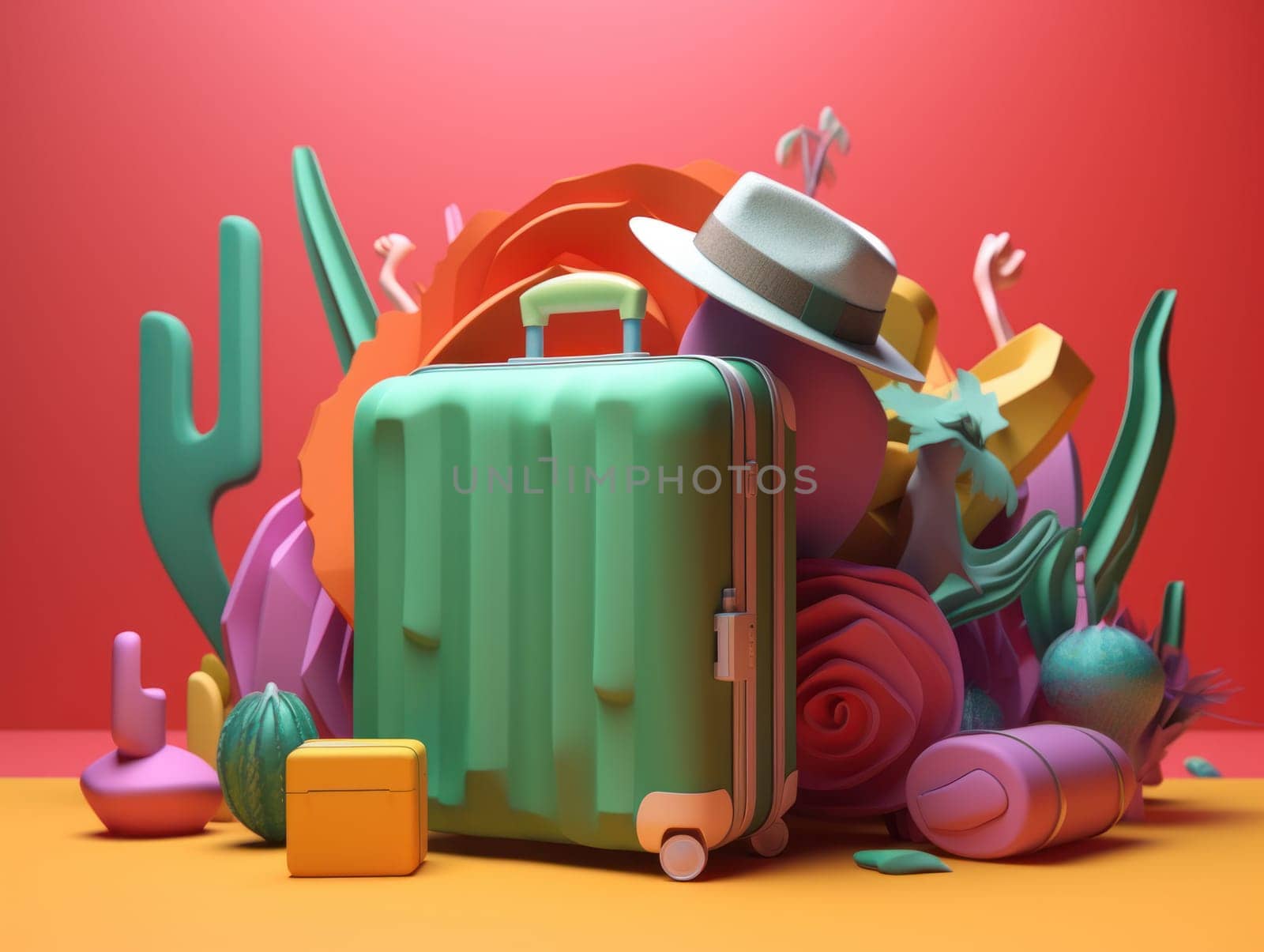 Colorful travel and summer concept with suitcase with colorful background. Generative AI.