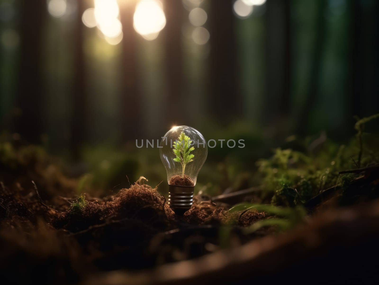 Tree growing on light bulb with sunshine in nature. saving energy and eco concept. Generative AI.