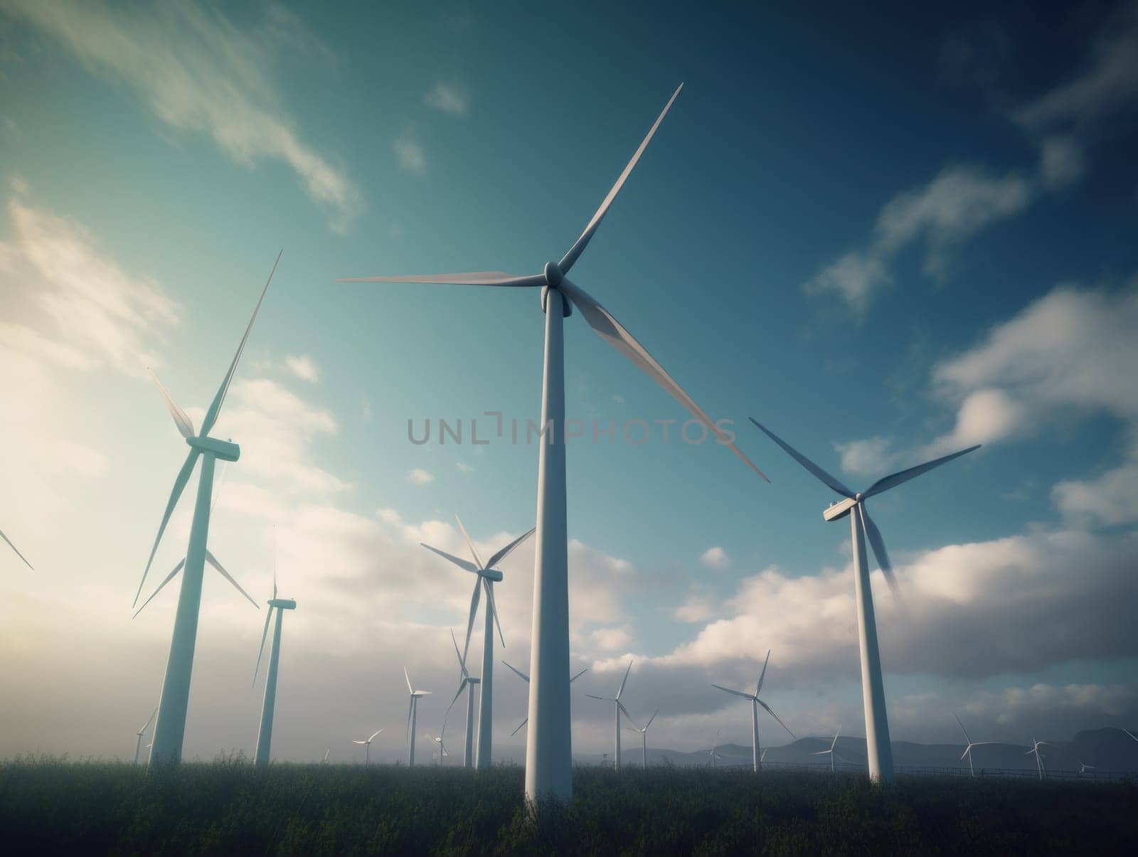 Wind turbines generating electricity with blue sky, energy conservation concept. Generative AI.