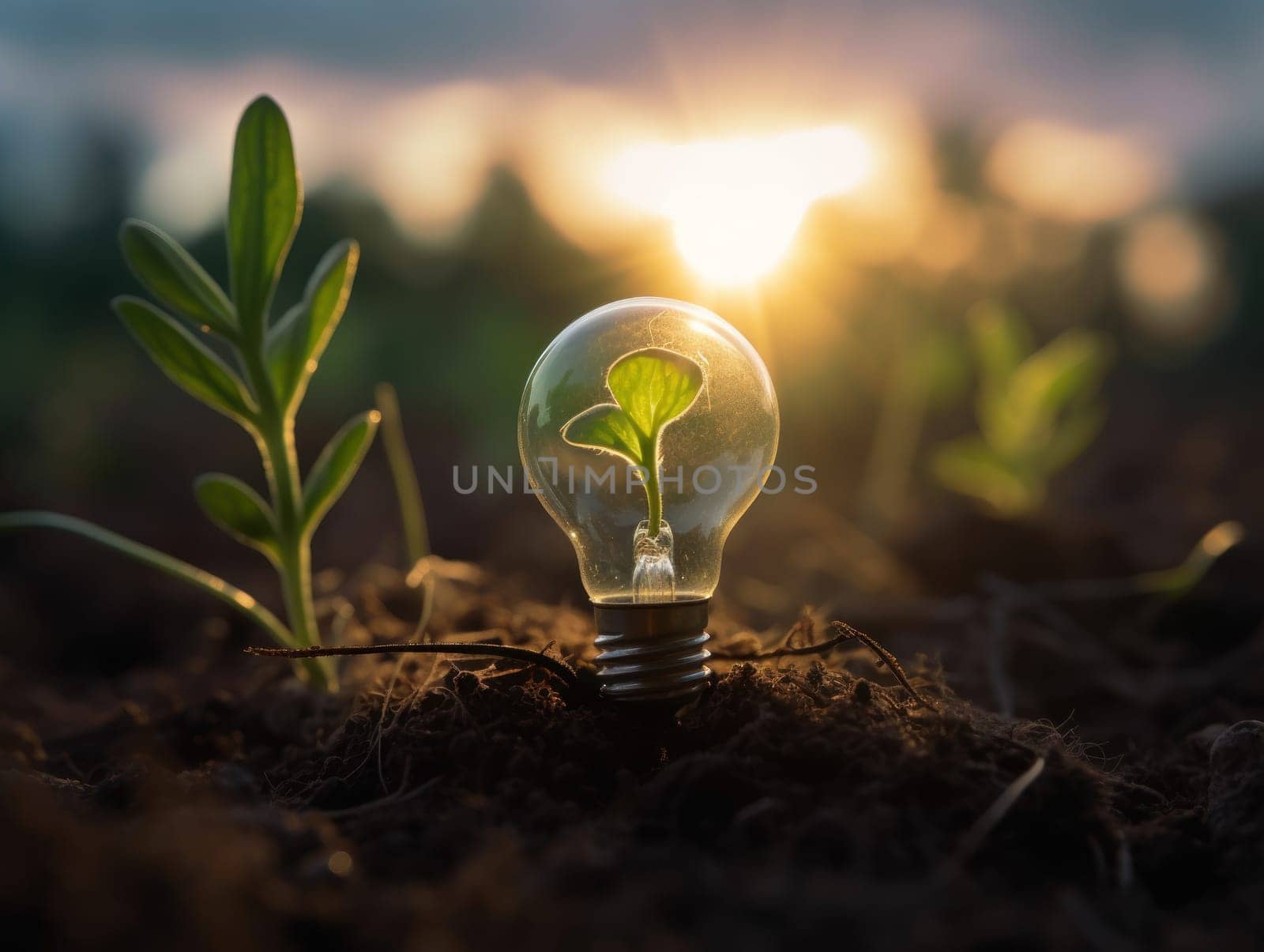 Tree growing on light bulb with sunshine in nature. saving energy and eco concept. Generative AI.