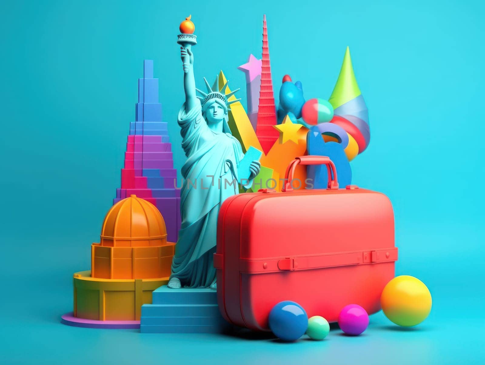 Colorful travel and summer concept with suitcase with colorful background. Generative AI.