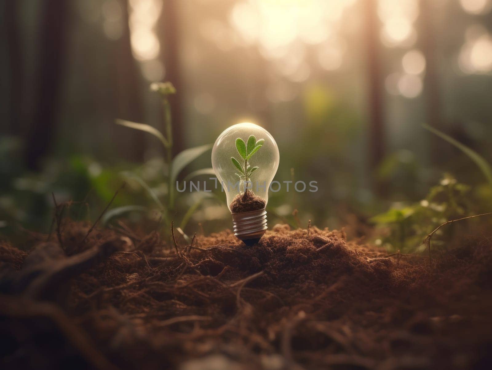 Tree growing on light bulb with sunshine in nature. saving energy and eco concept. Generative AI.