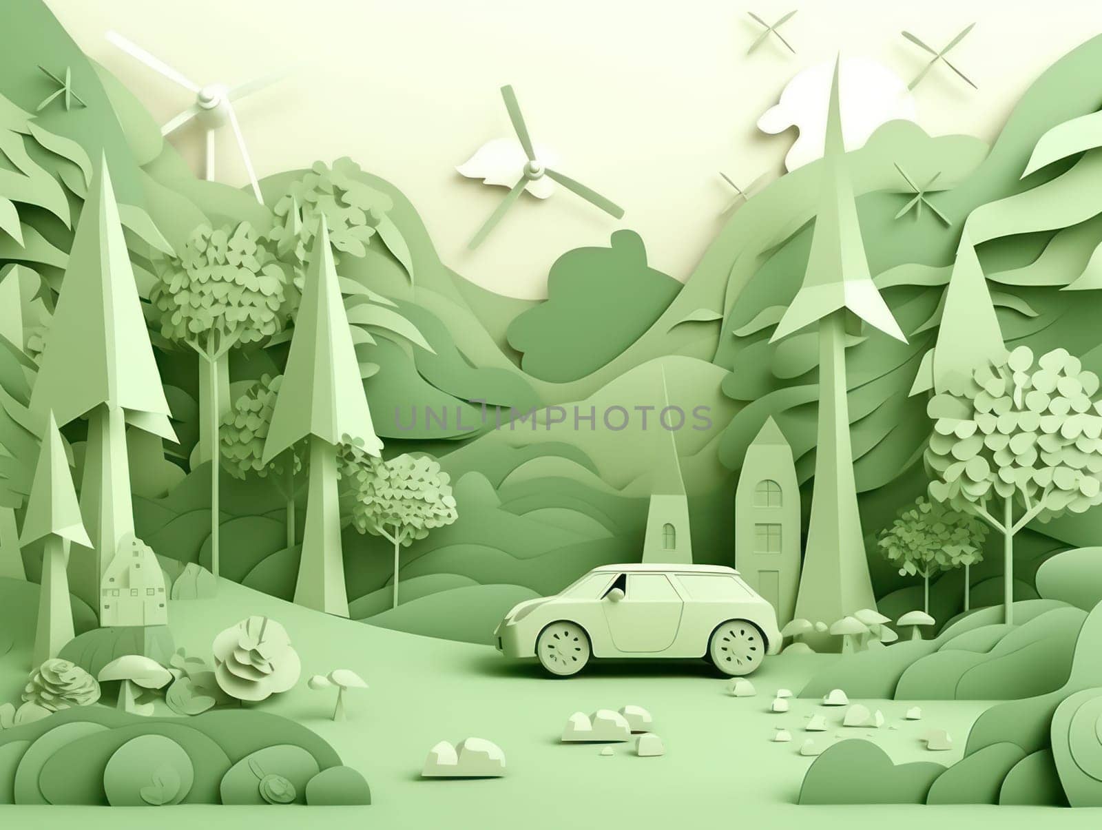 Green energy and environment paper cut. Generative AI.