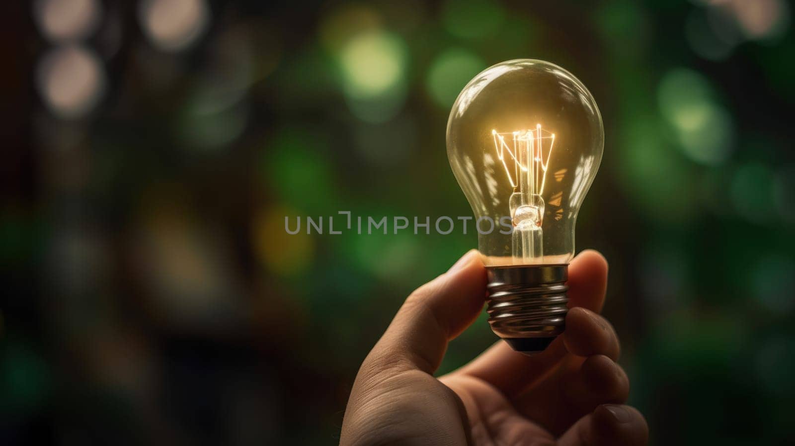 A small tree planted in an energy-saving light bulb, holding by a hand, green energy. Generative AI.