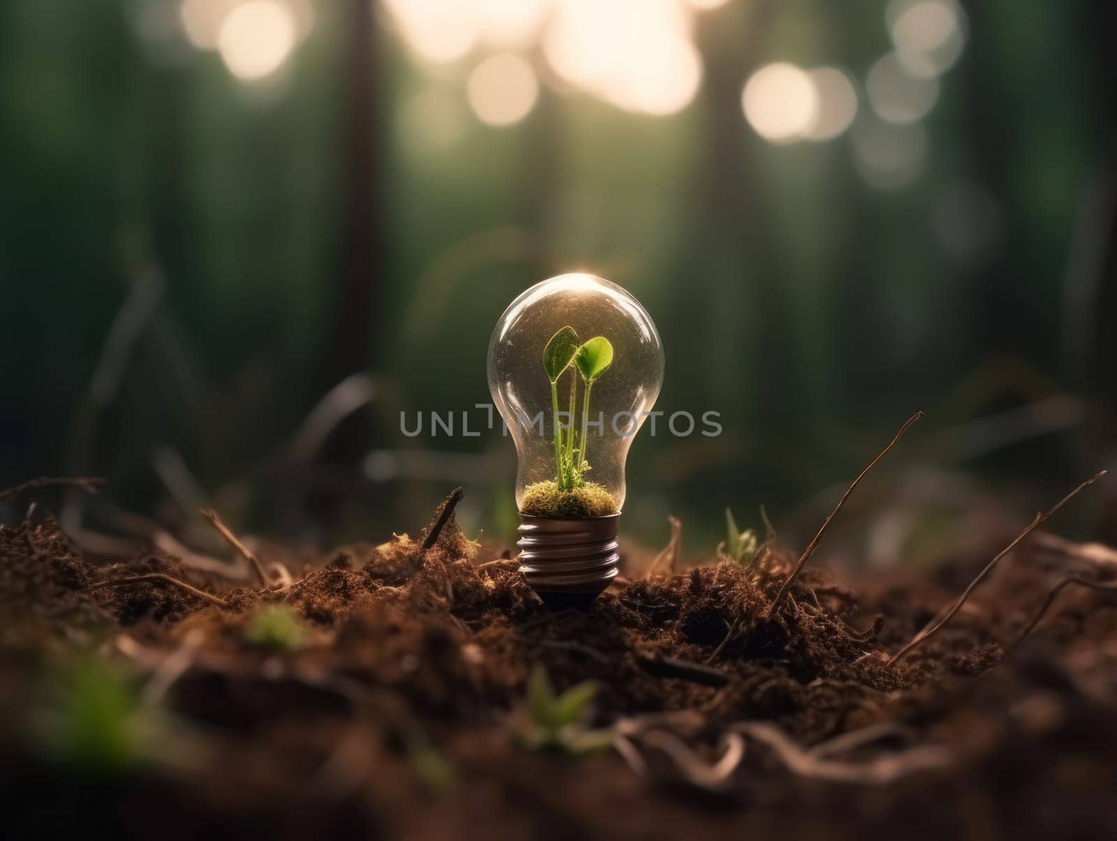 Tree growing on light bulb with sunshine in nature. saving energy and eco concept. Generative AI.