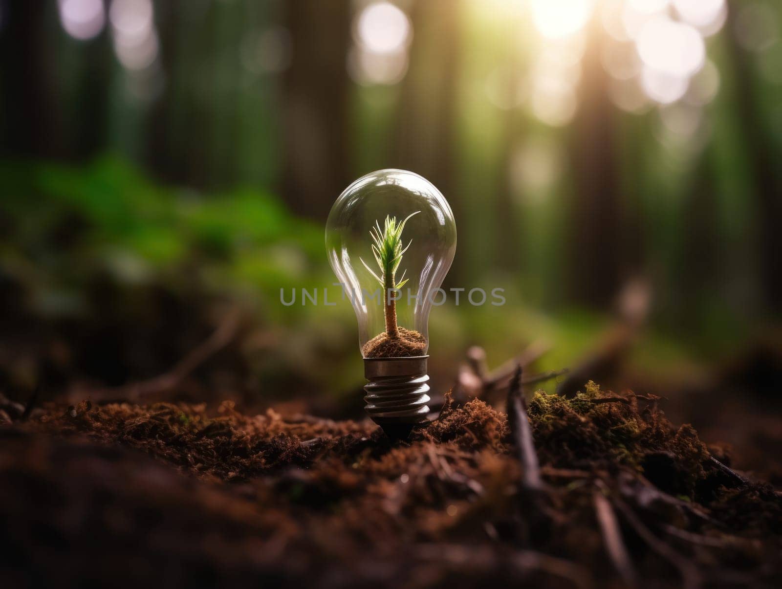 Tree growing on light bulb with sunshine in nature. saving energy and eco concept. Generative AI.