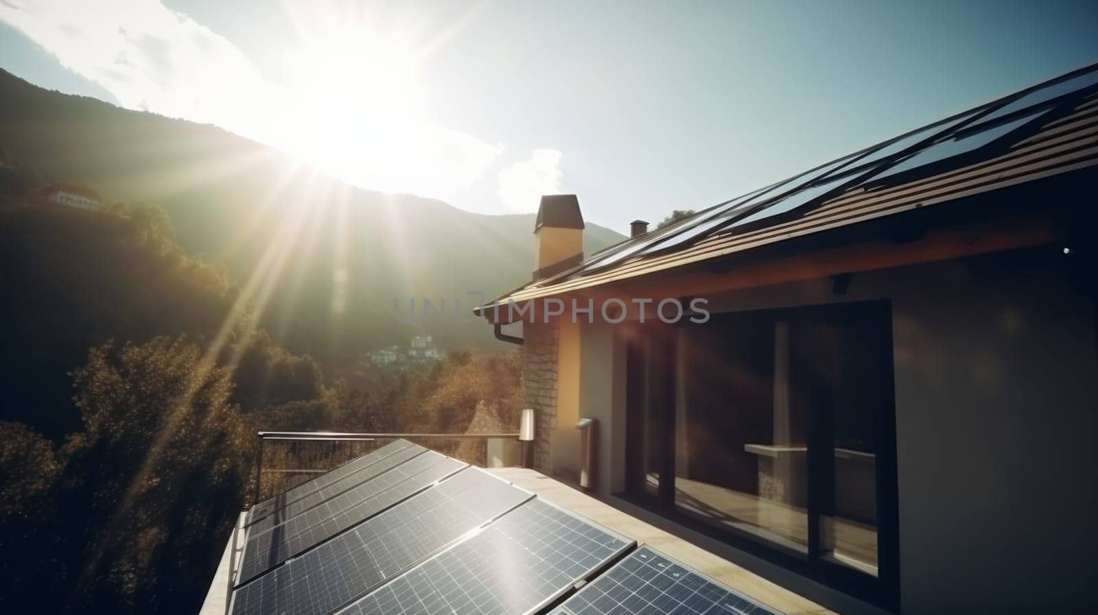 eco-friendly house with solar panels on the roof surrounded by green nature. Generative AI.