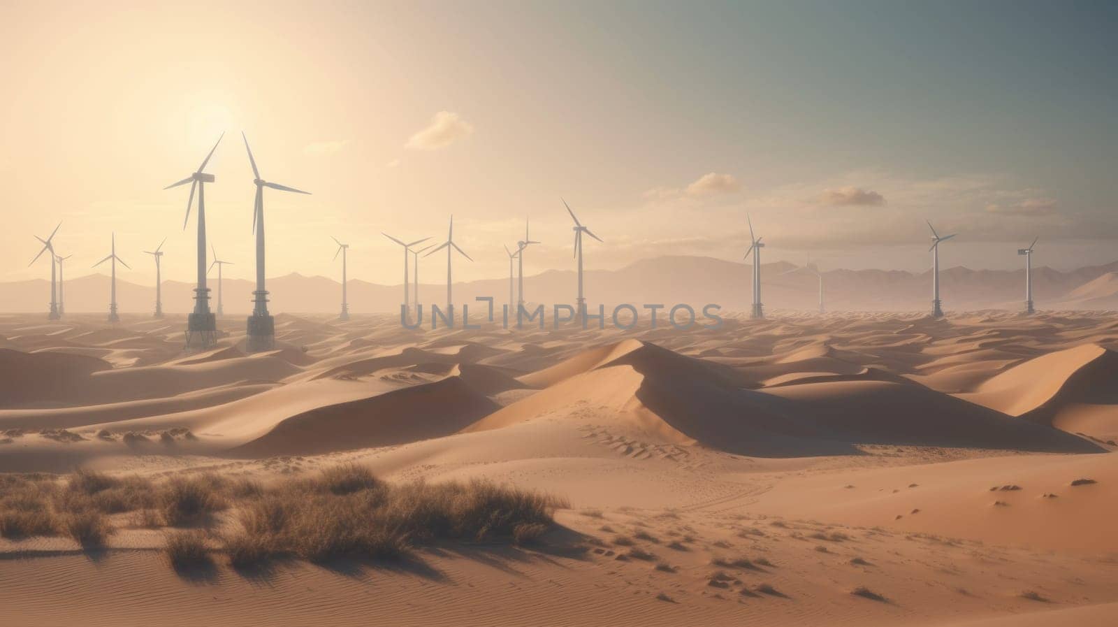 Wind turbines in the desert, renewable energy concept. Generative AI.