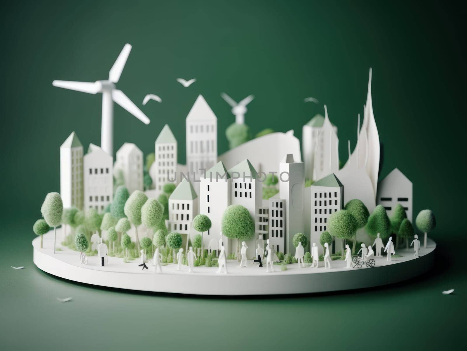 Green energy and sustainable concept, electric car and green city paper cut art. Generative AI.