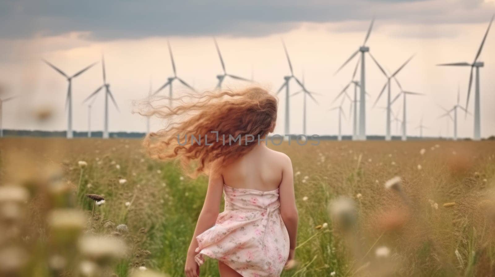 Adorable girl standing in wind turbine field. Green alternative energy, Generative AI.