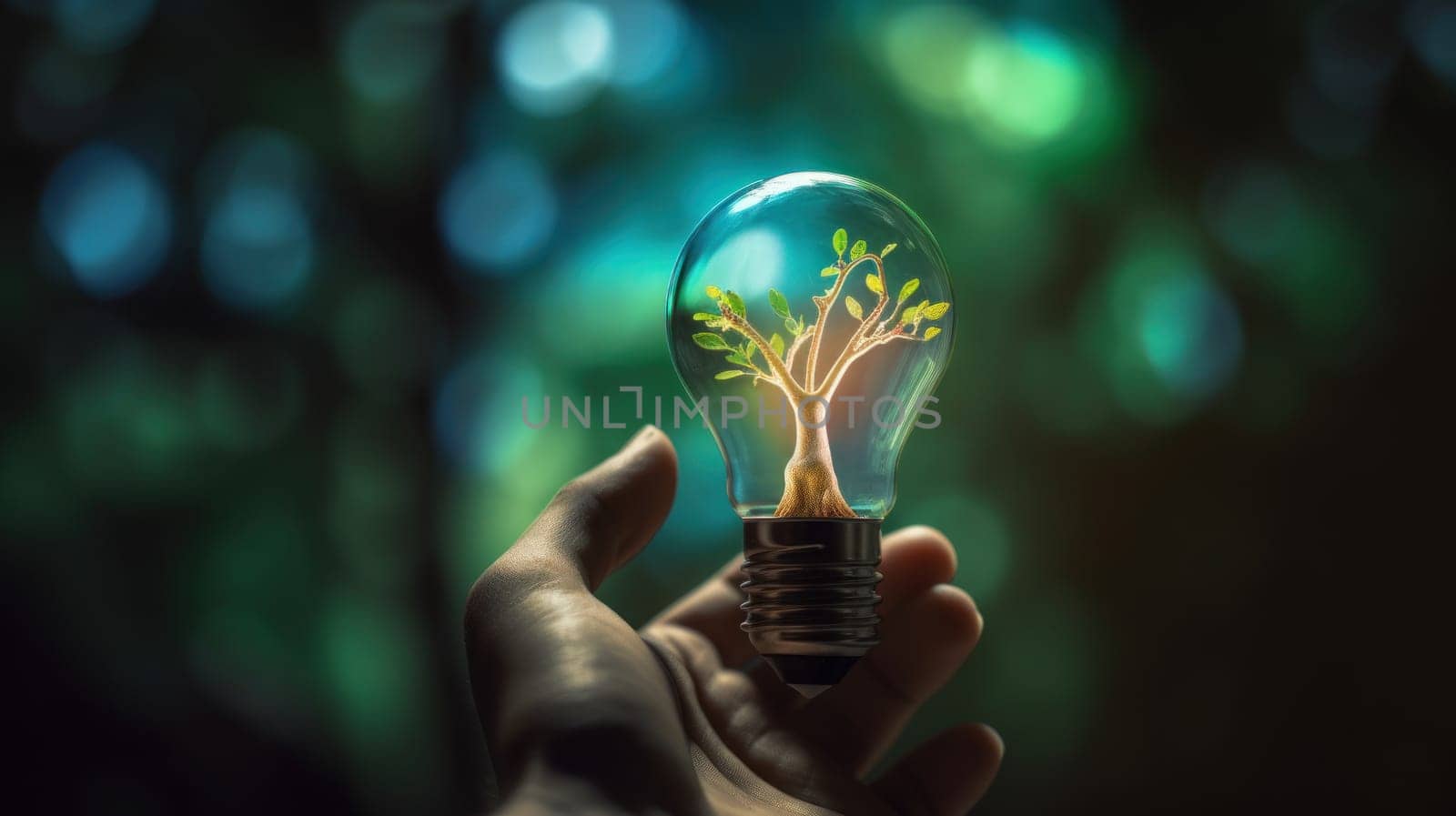 A small tree planted in an energy-saving light bulb, holding by a hand, green energy. Generative AI.