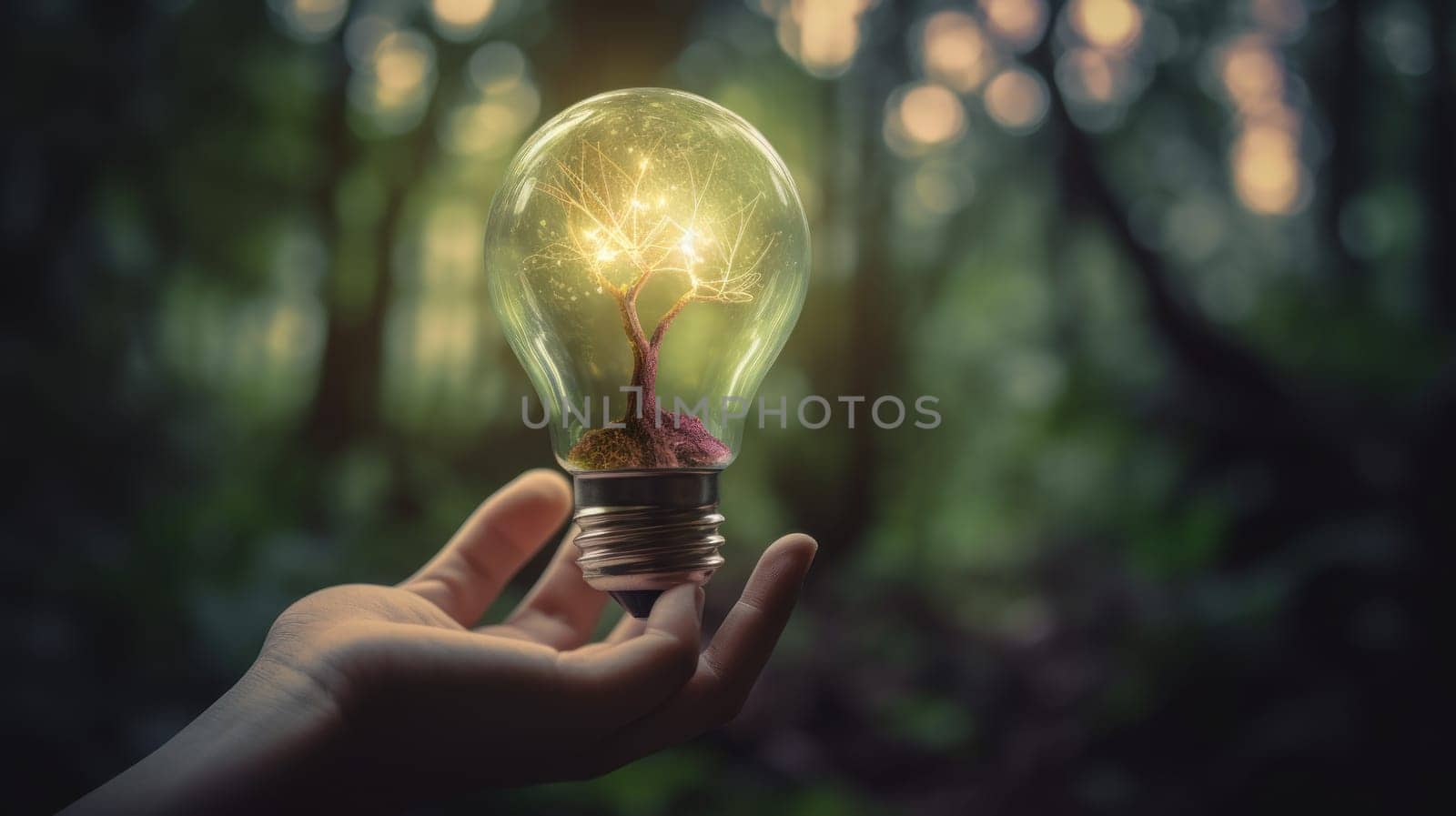 A small tree planted in an energy-saving light bulb, holding by a hand, green energy. Generative AI.