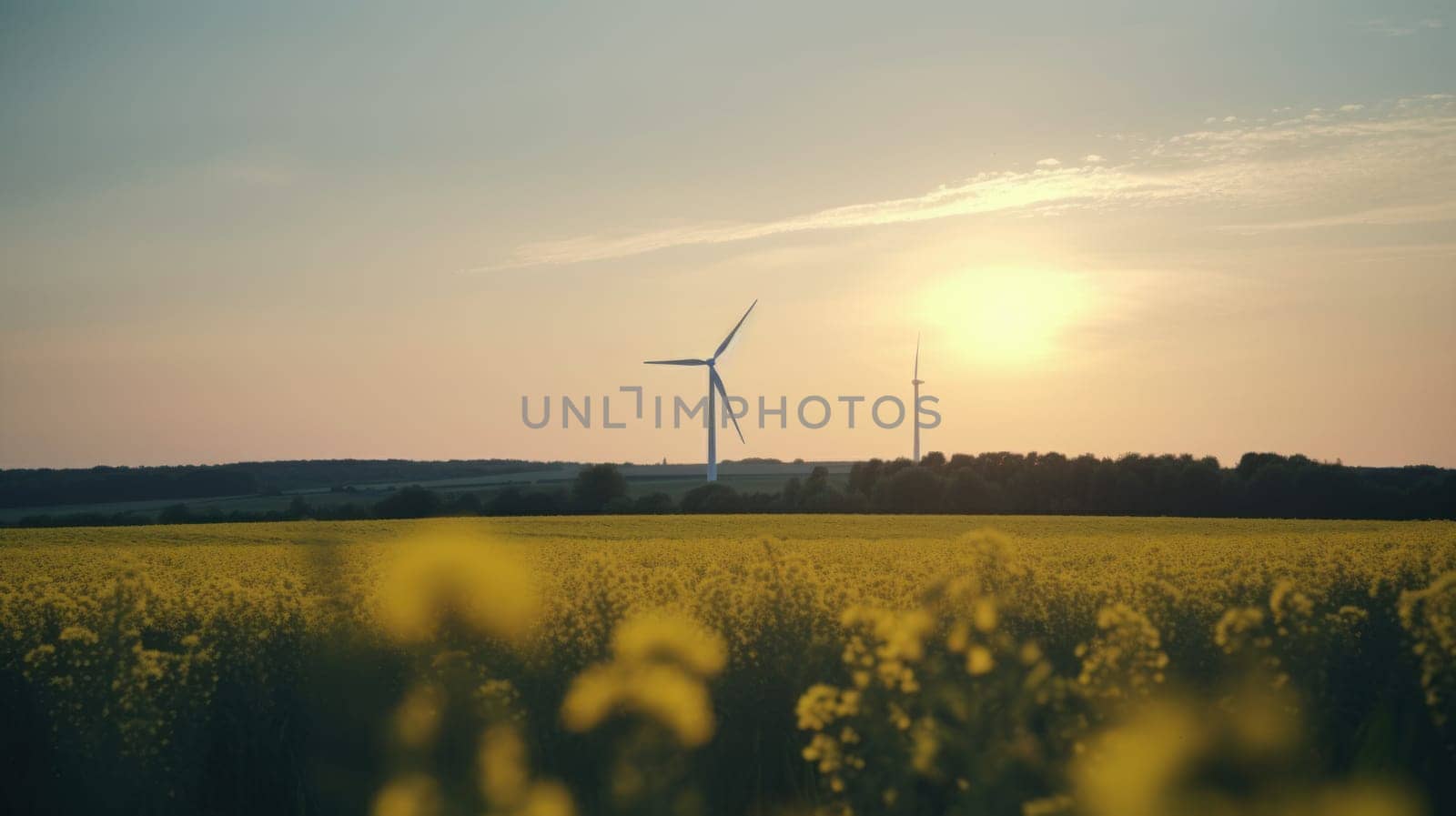 Wind turbine in a yellow flower field, Alternative energy. Generative AI.