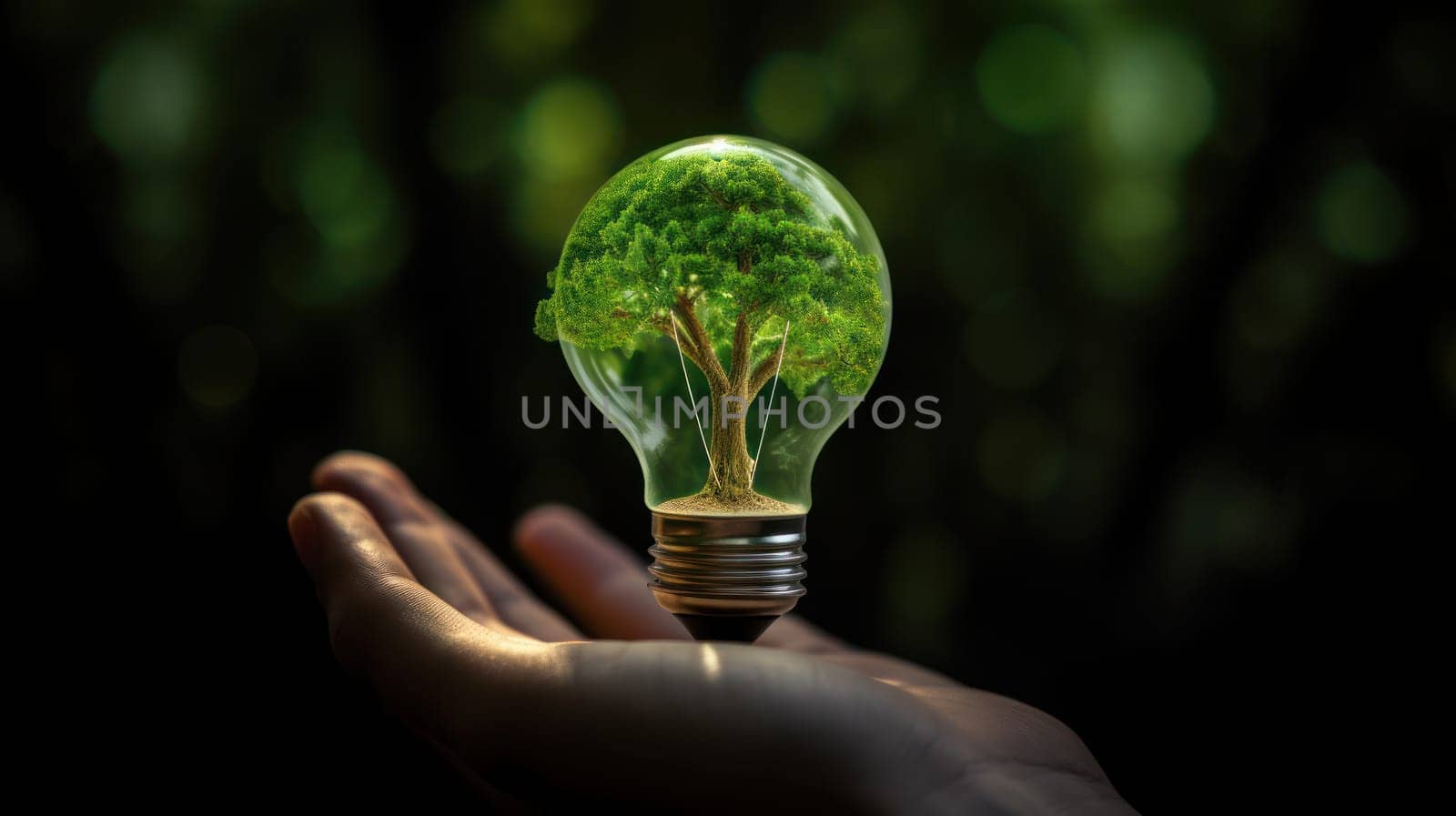 A small tree planted in an energy-saving light bulb, holding by a hand, green energy. Generative AI.