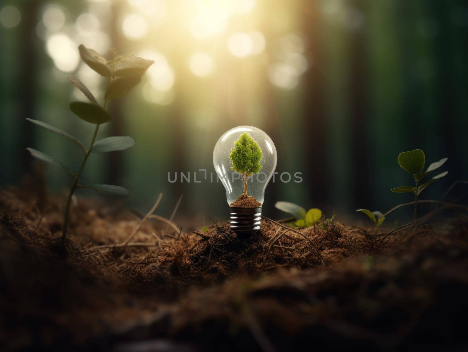 Tree growing on light bulb with sunshine in nature. saving energy and eco concept. Generative AI.