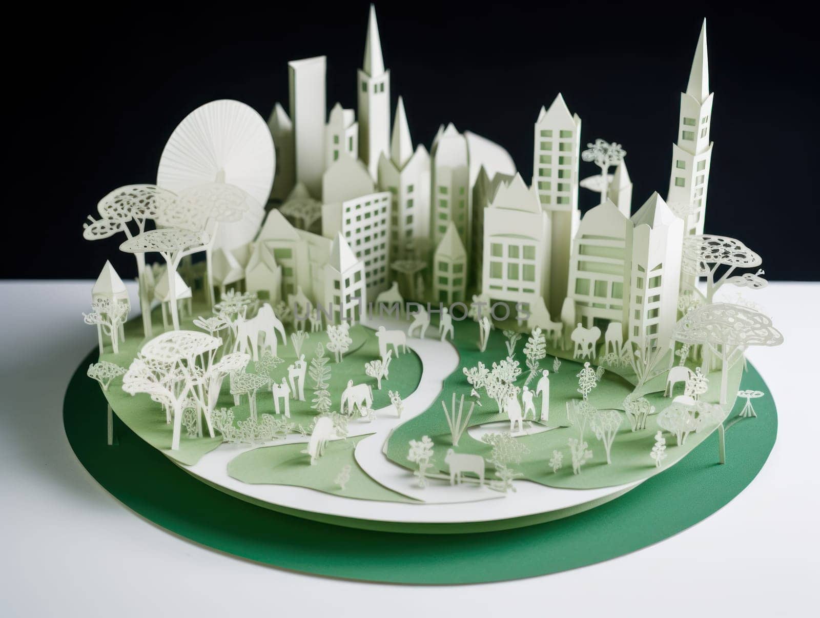 Green energy and sustainable concept, electric car and green city paper cut art. Generative AI.