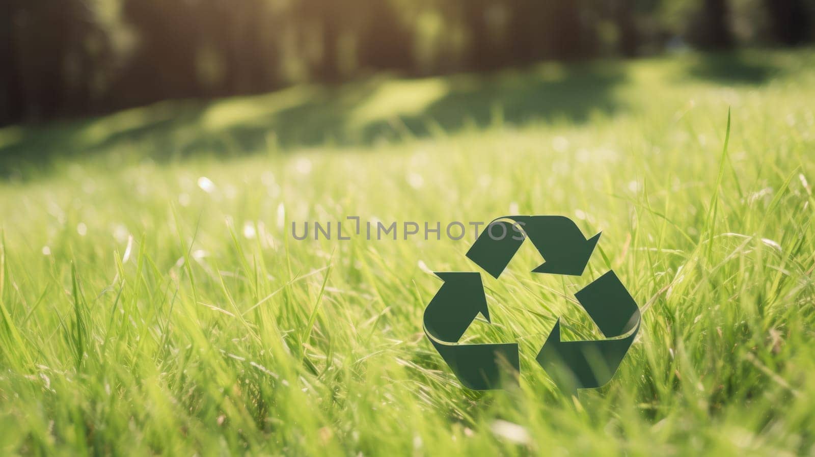 Recycle symbol on the green grass, sustainable and eco environment concept. Generative AI.