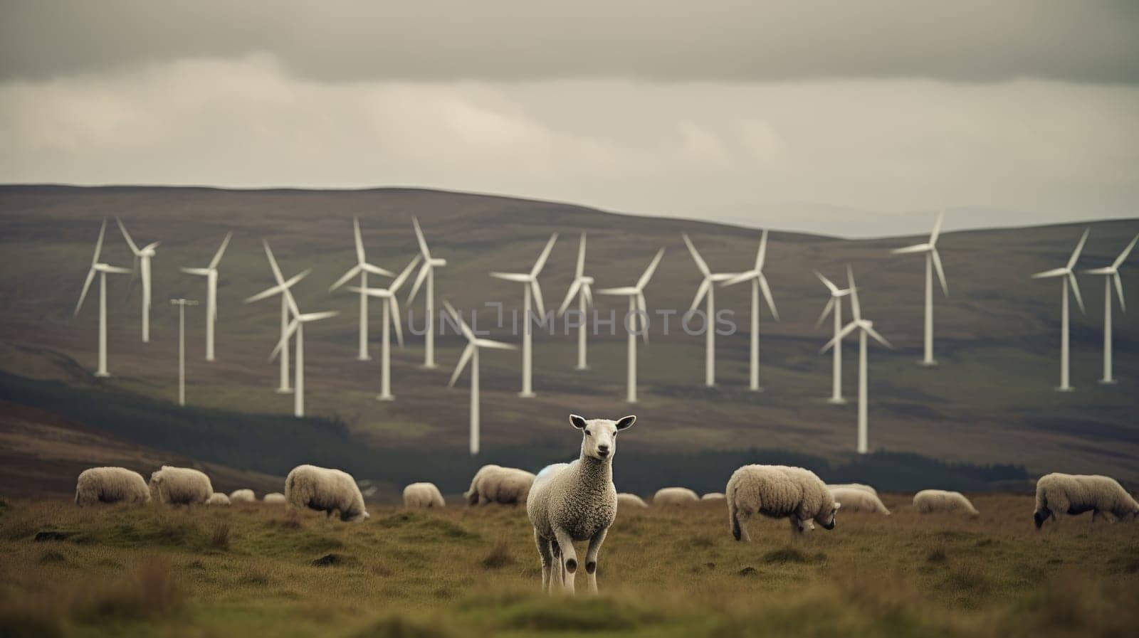 Sheep grazing near wind turbines on the mountain. Generative AI.