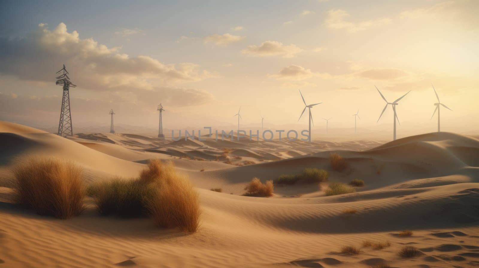Wind turbines in the desert, renewable energy concept. Generative AI by nateemee