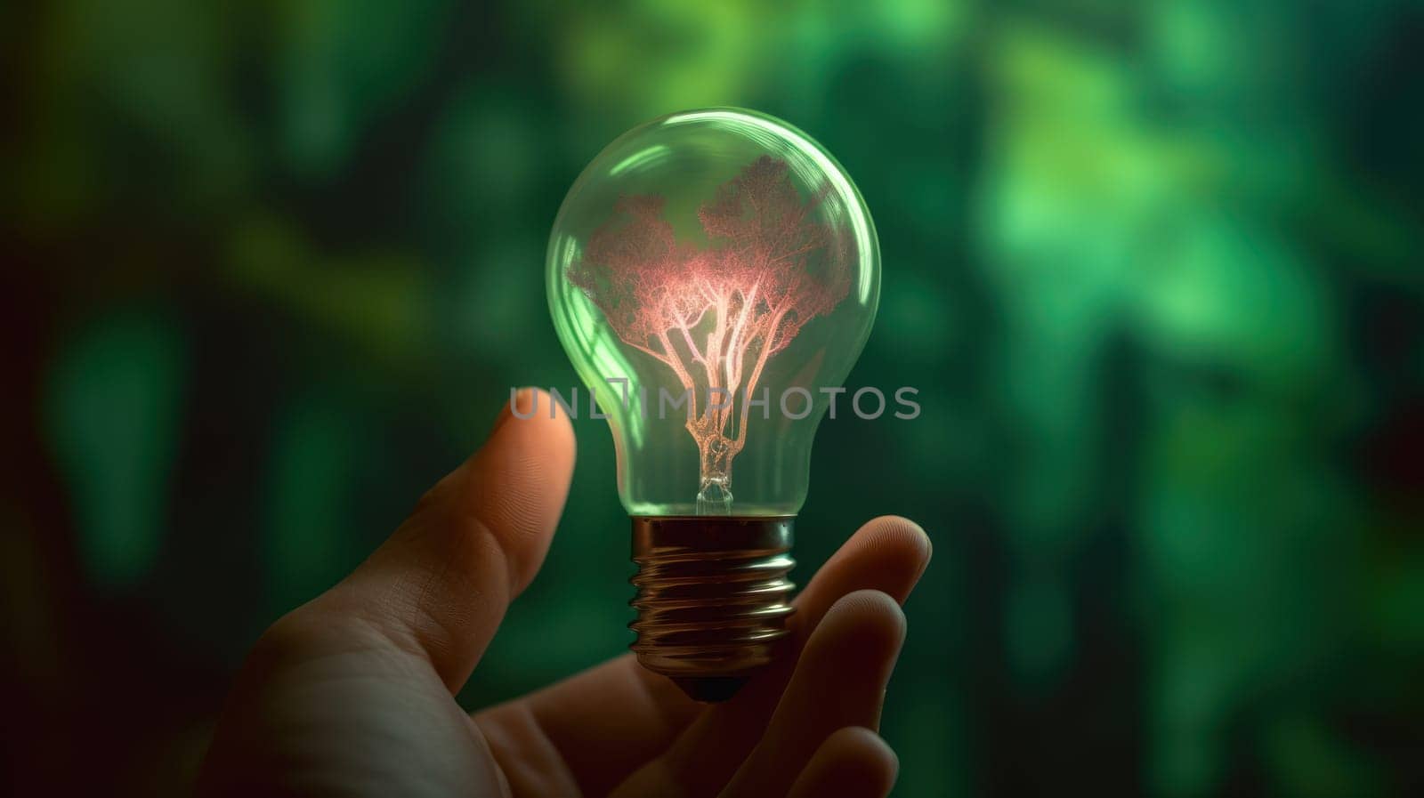 A small tree planted in an energy-saving light bulb, holding by a hand, green energy. Generative AI by nateemee