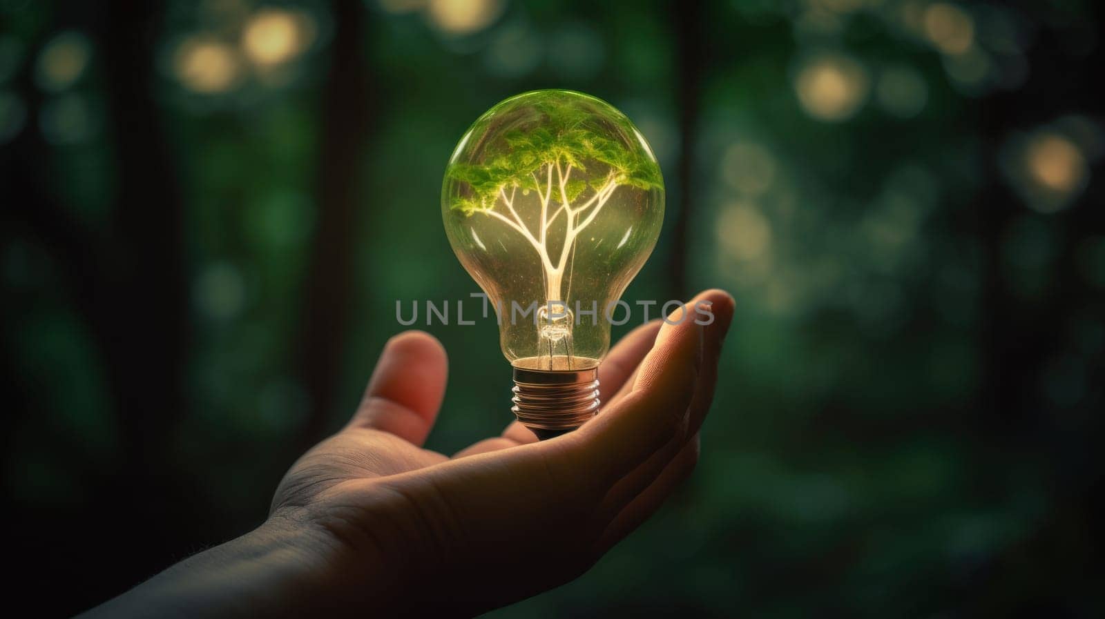 A small tree planted in an energy-saving light bulb, holding by a hand, green energy. Generative AI by nateemee