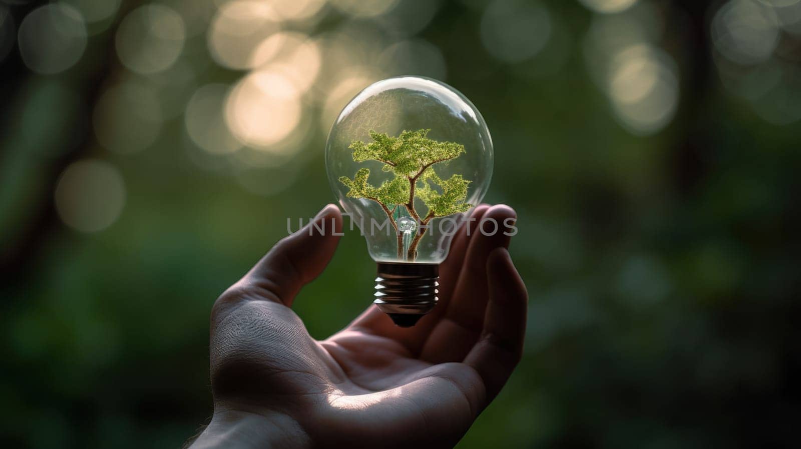 A small tree planted in an energy-saving light bulb, holding by a hand, green energy. Generative AI.